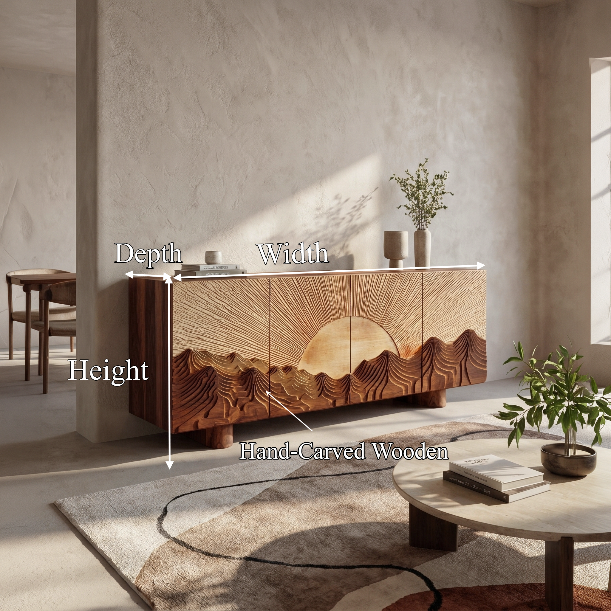 Rustic Mountain Sunrise Sideboard With Carved Wood Doors For Living Room