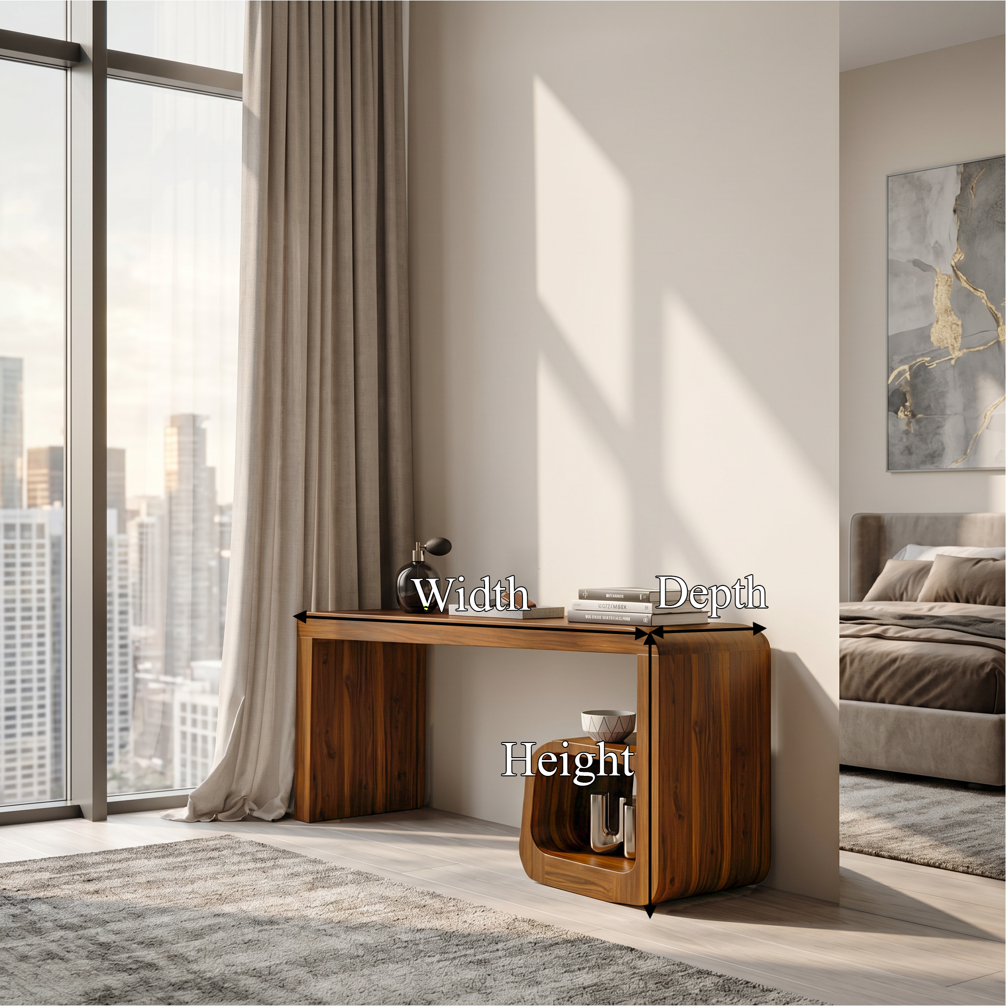 Sculptural Dressing Table With Curved Wood Silhouette For Bedroom Decor