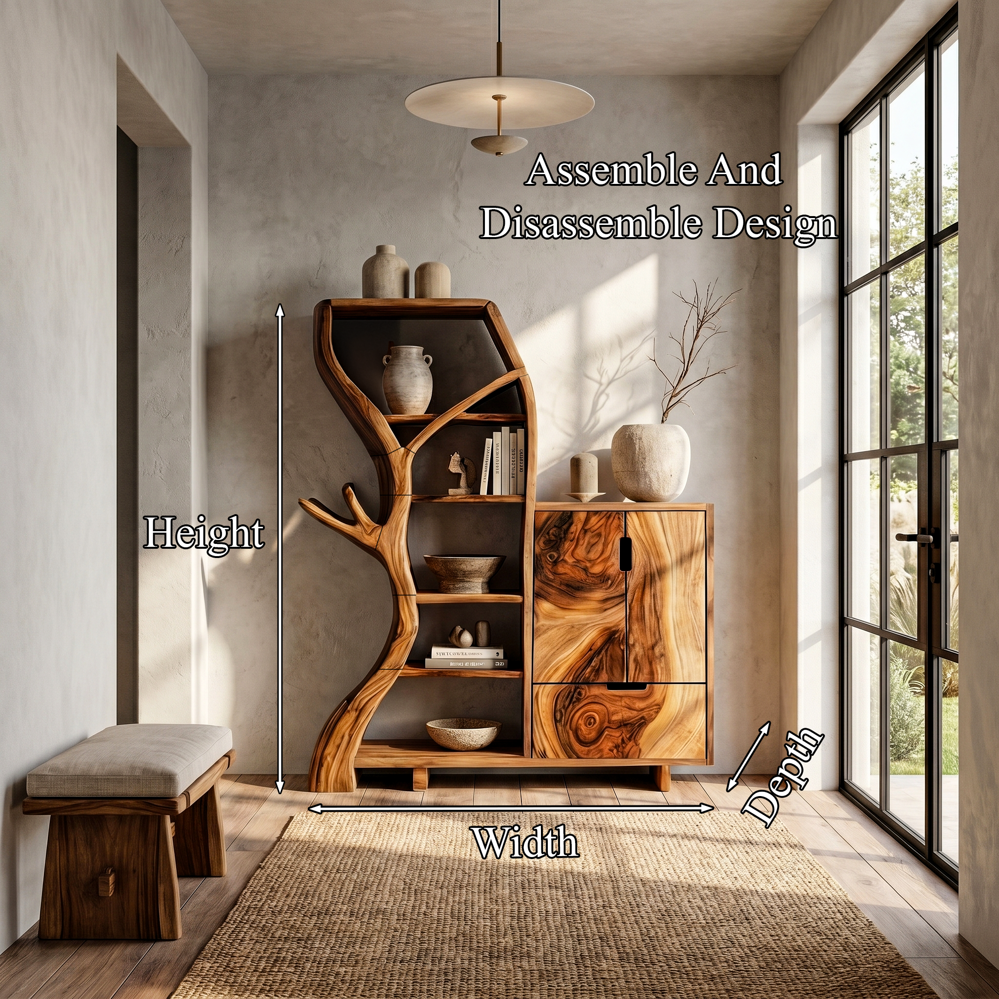 Rustic Storage Cabinet With Tree Bookshelf And Display Shelves For Entryway