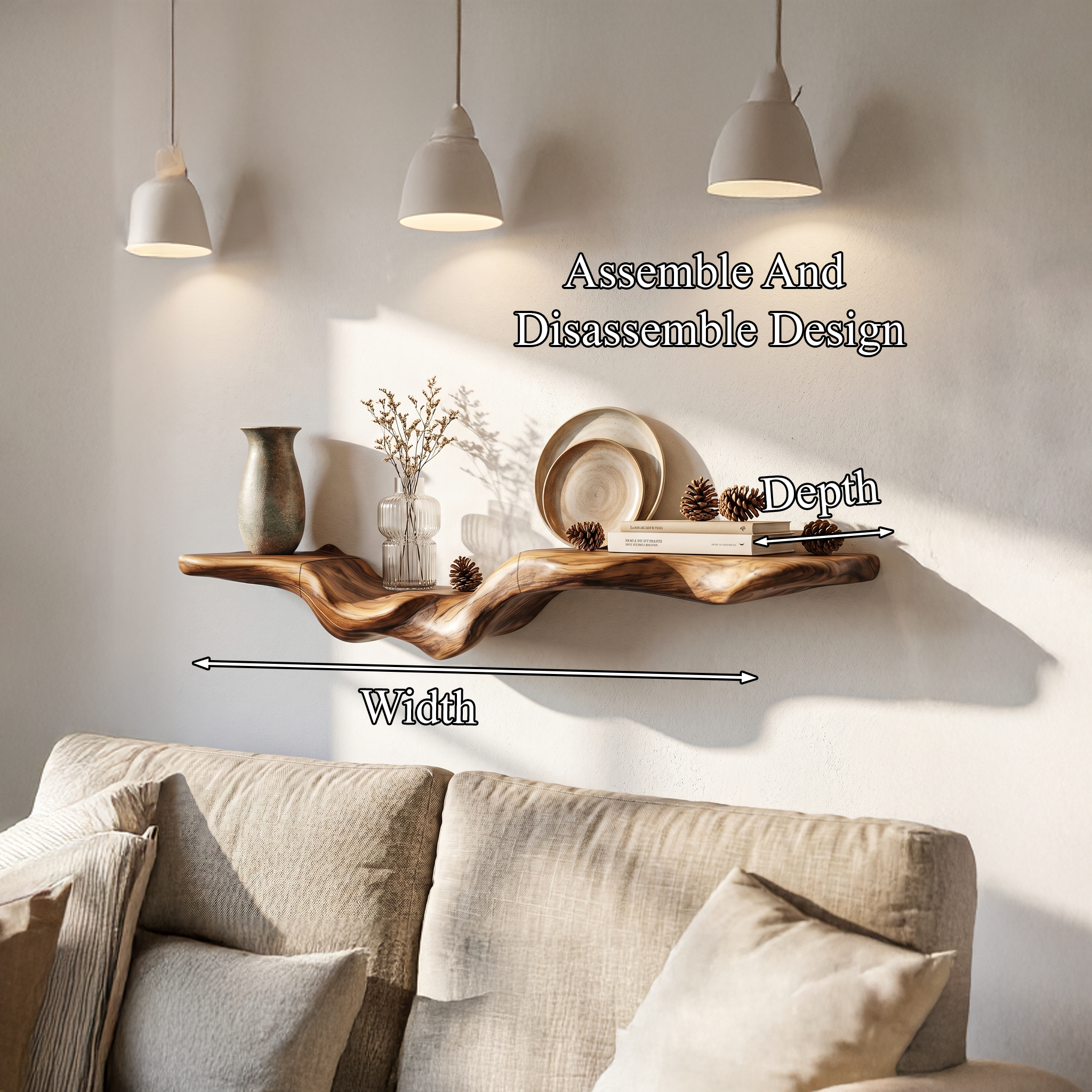 Rustic Floating Shelf With Natural Wood Flowing Form For Living Room