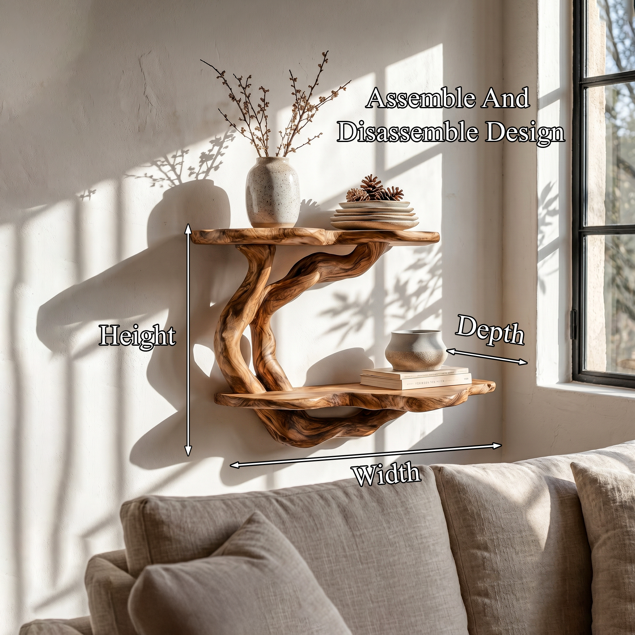 Handcrafted Floating Shelf With Sculptural Tree Form For Living Room Decor