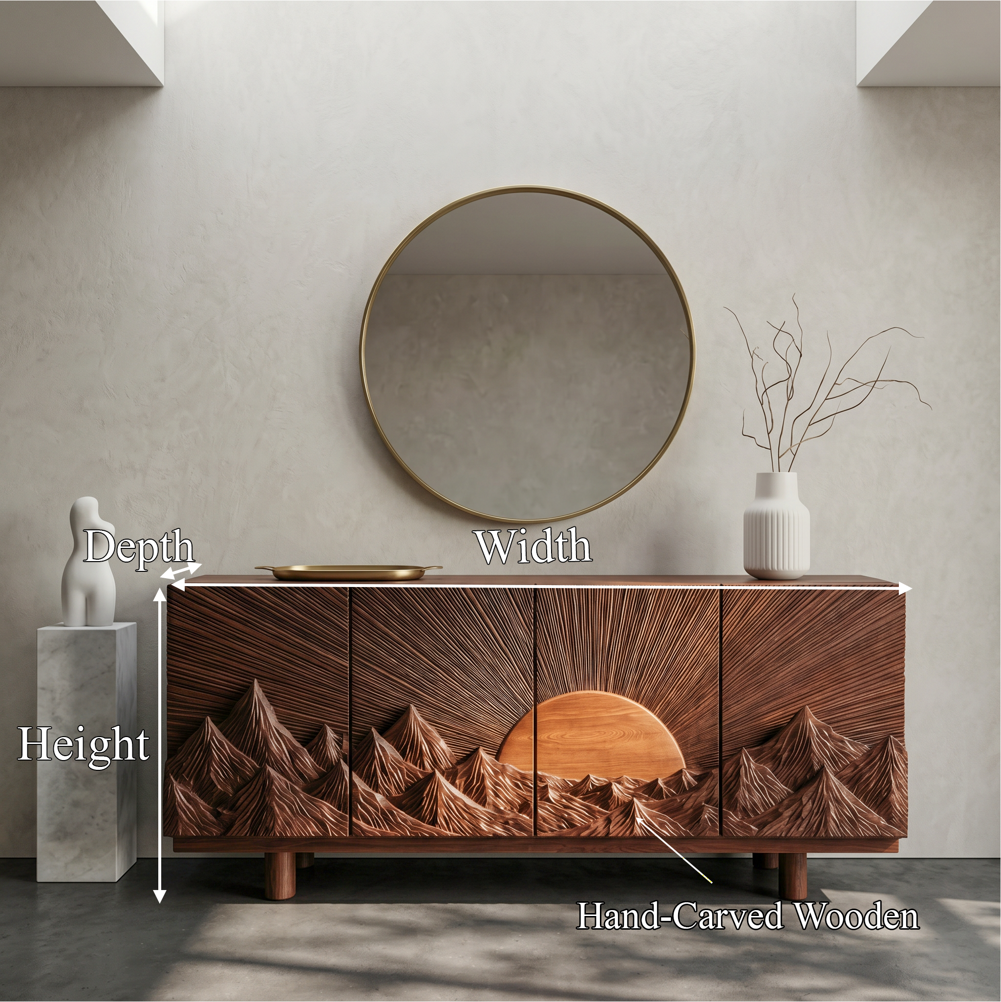Rustic Mountain Sunrise Sideboard With Carved Wood Doors For Living Room