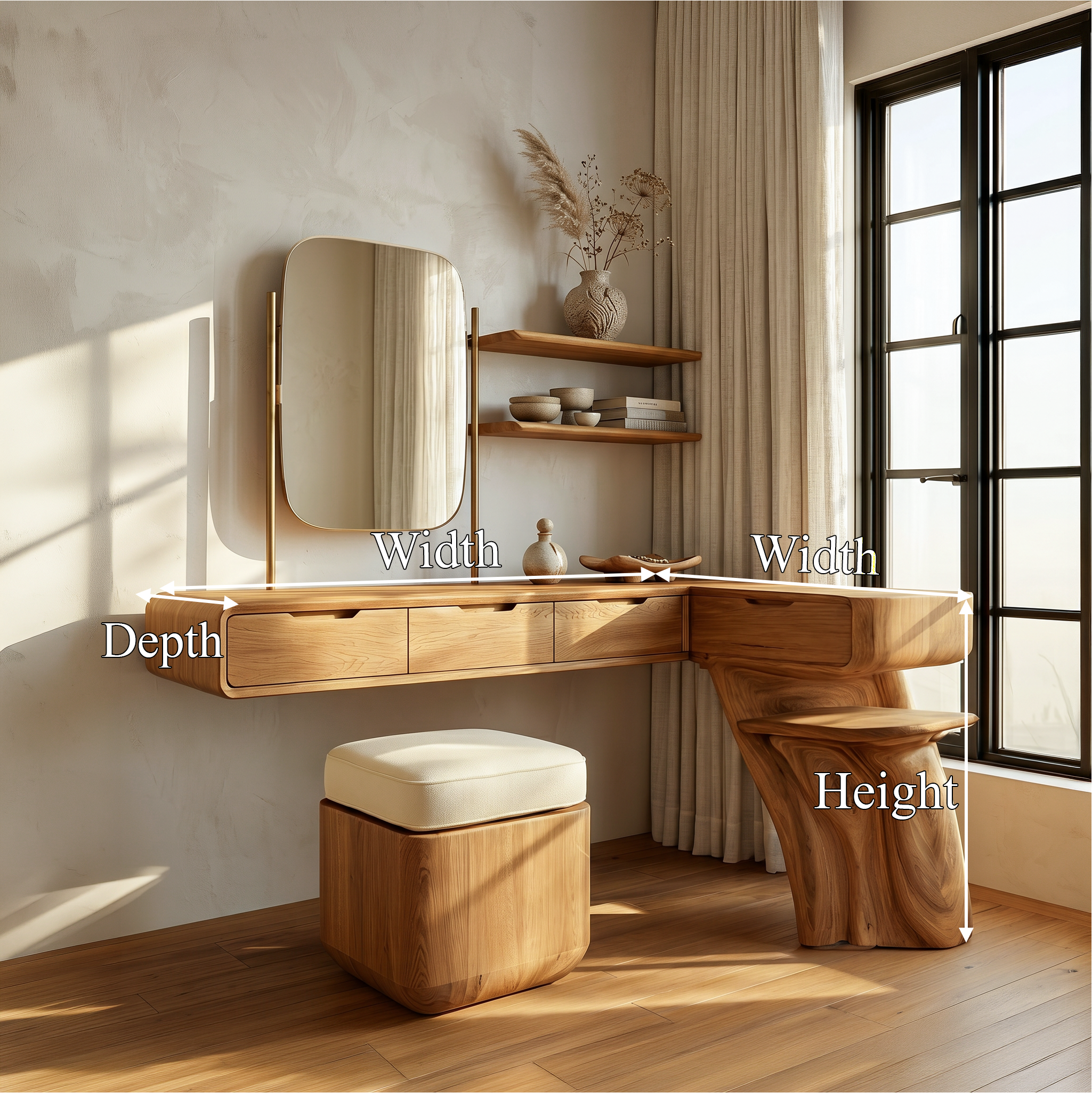 Nature Inspired Dressing Table With Sculptural Wood Design For Bedroom