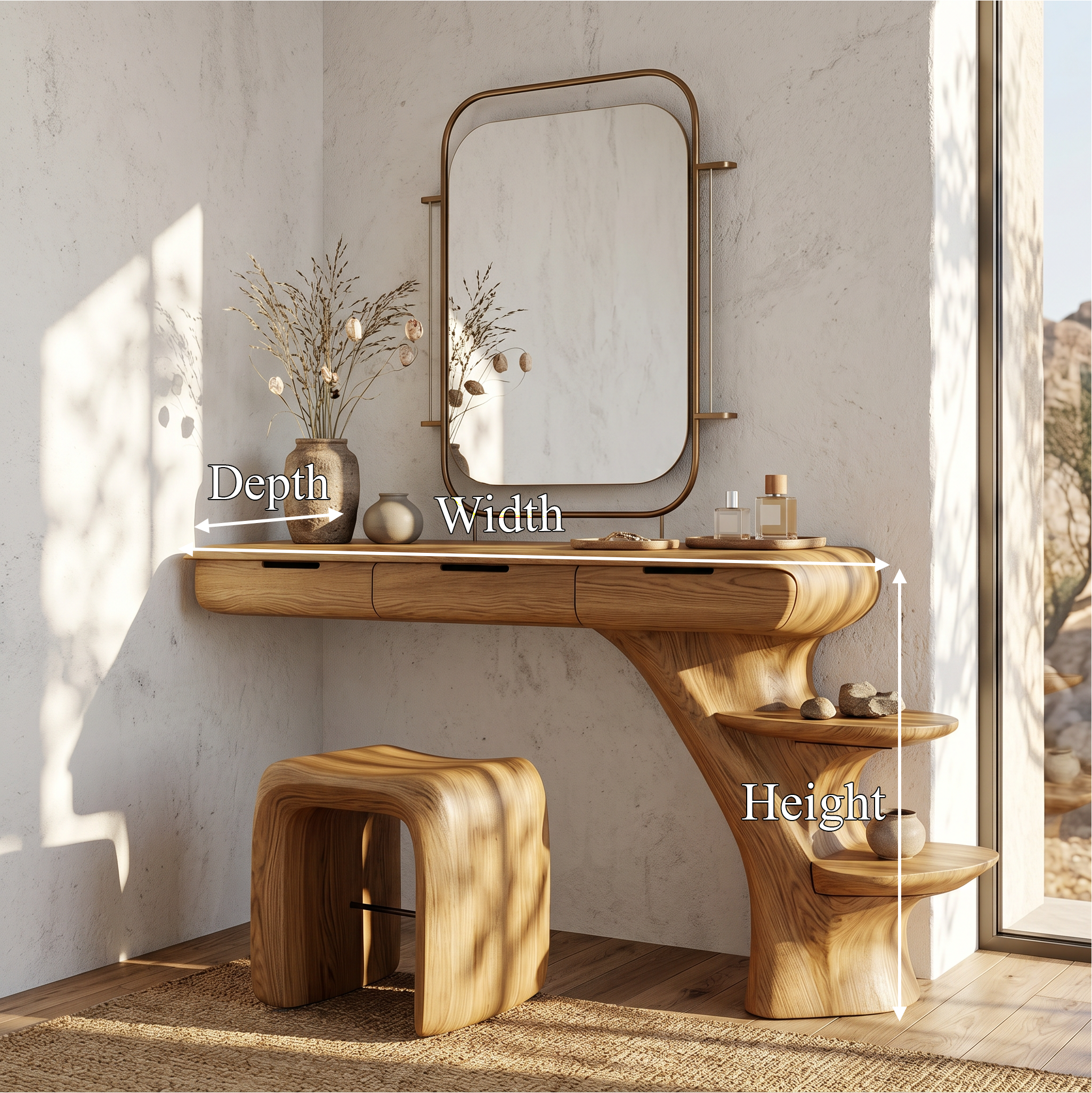 Sculptural Dressing Table With Open Storage Shelves For Bedroom