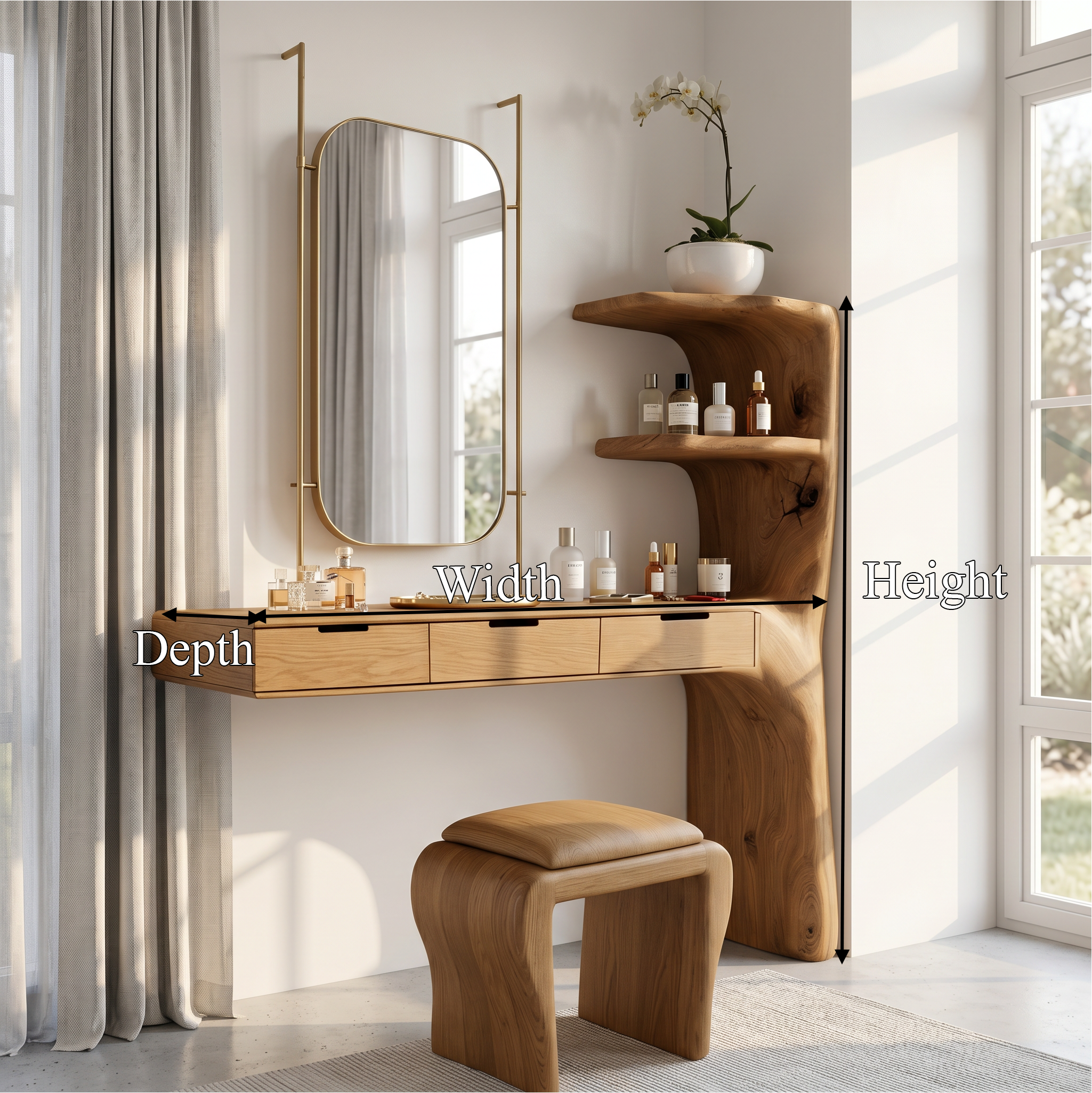 Organic Dressing Table With Built In Storage Shelves For Bedroom And Dressing Room