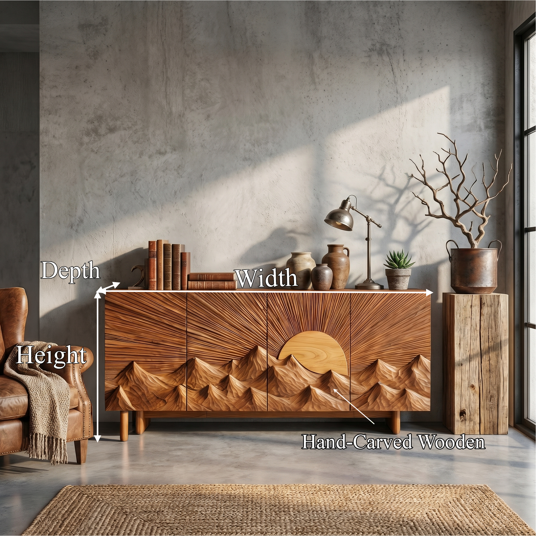 Contemporary Landscape Sideboard With Sculptural Carved Wood Doors For Living Room