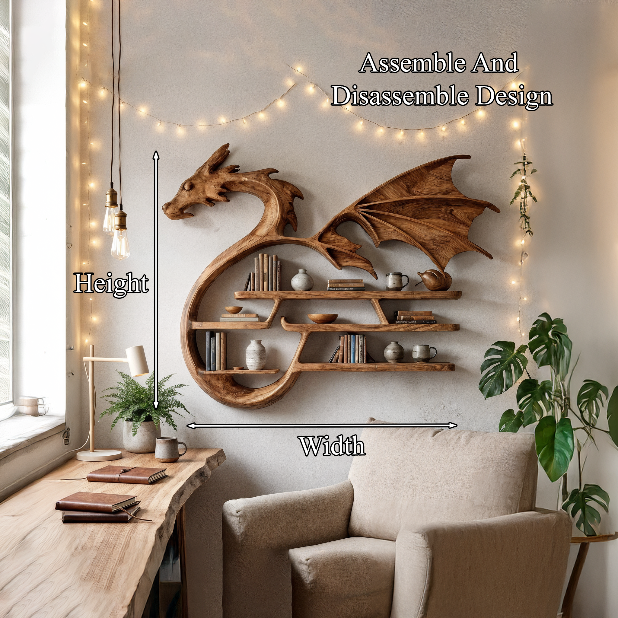 Medieval Dragon Wall Shelf With Sculptural Wooden Display Storage For Living Room