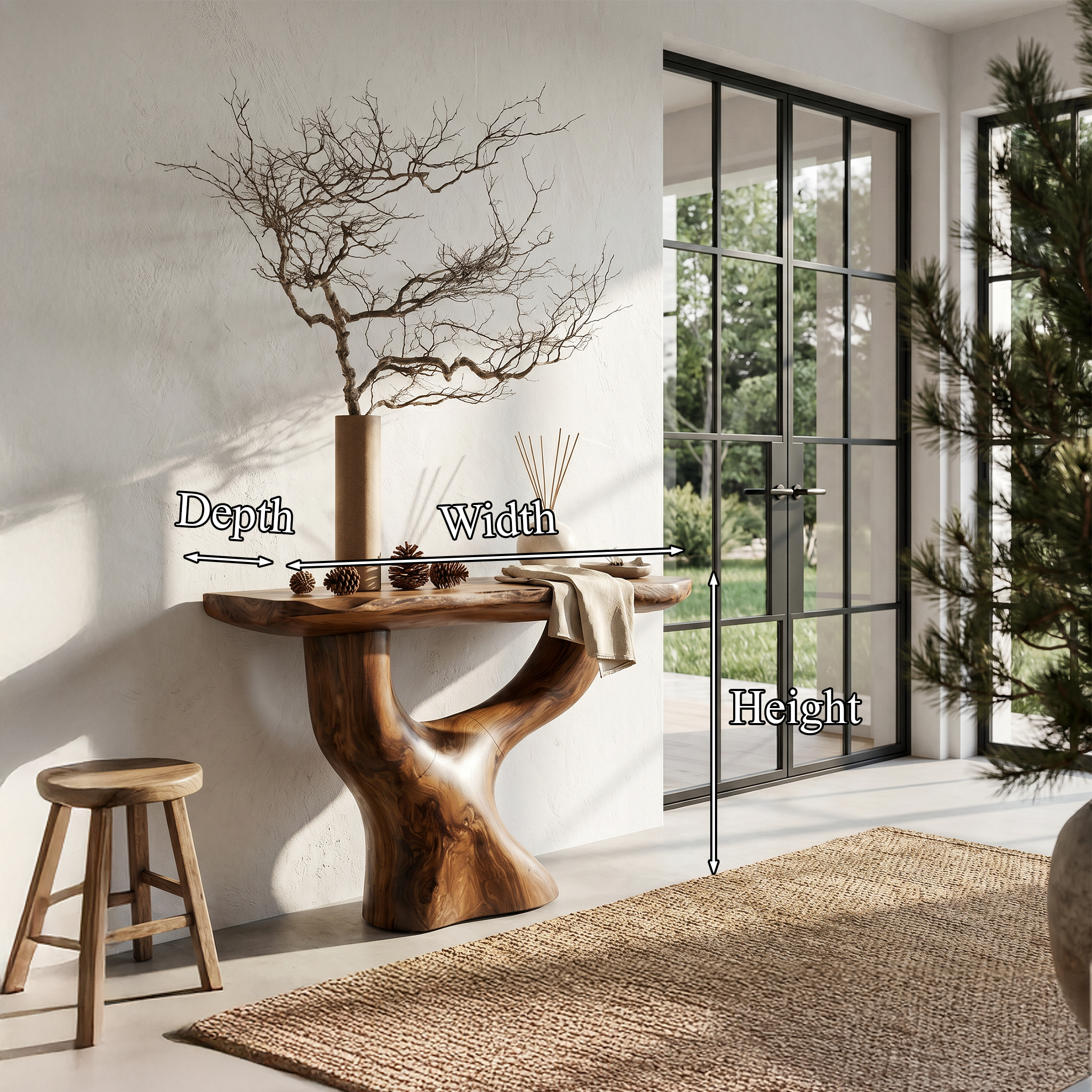 Rustic Console Table With Sculptural Tree Root Base For Entryway