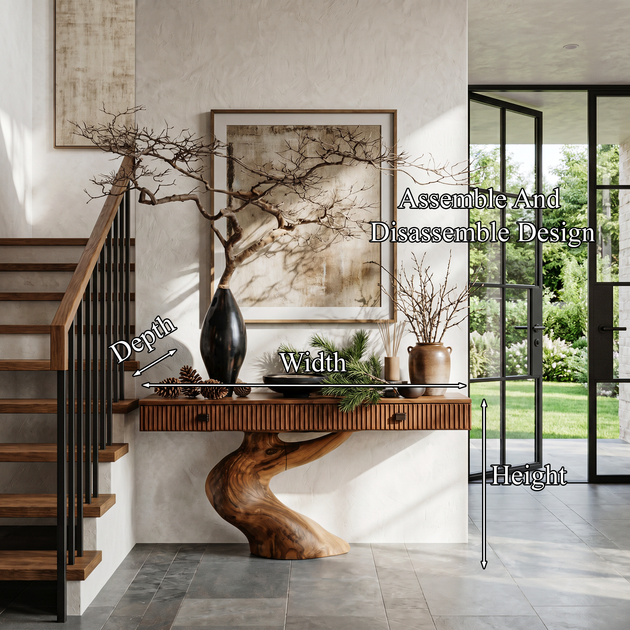 Rustic Console Table With Integrated Drawers And Artistic Tree Root Pedestal For Living Room