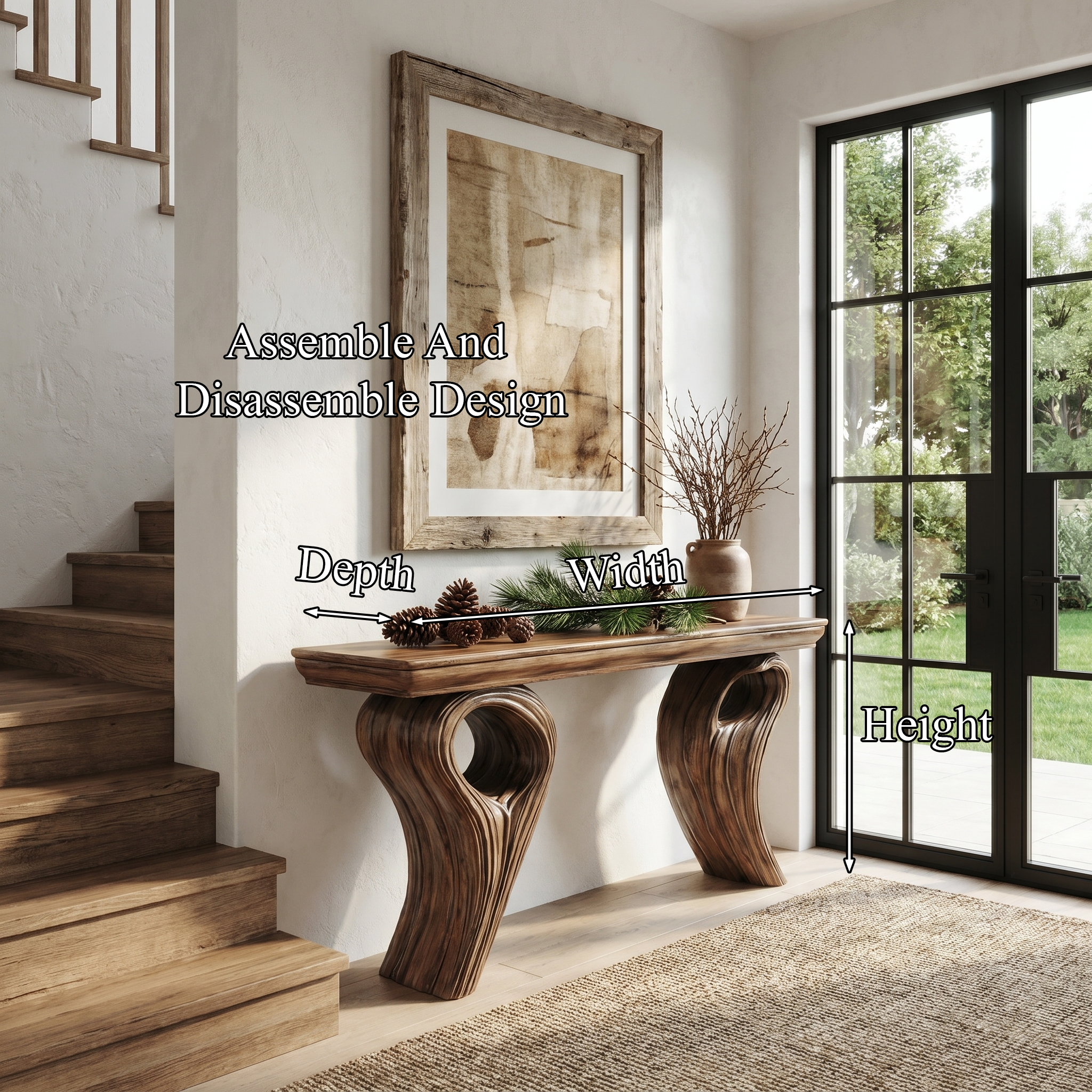Rustic Organic Storage Console Table With Tree Inspired Base For Hallway And Living Room