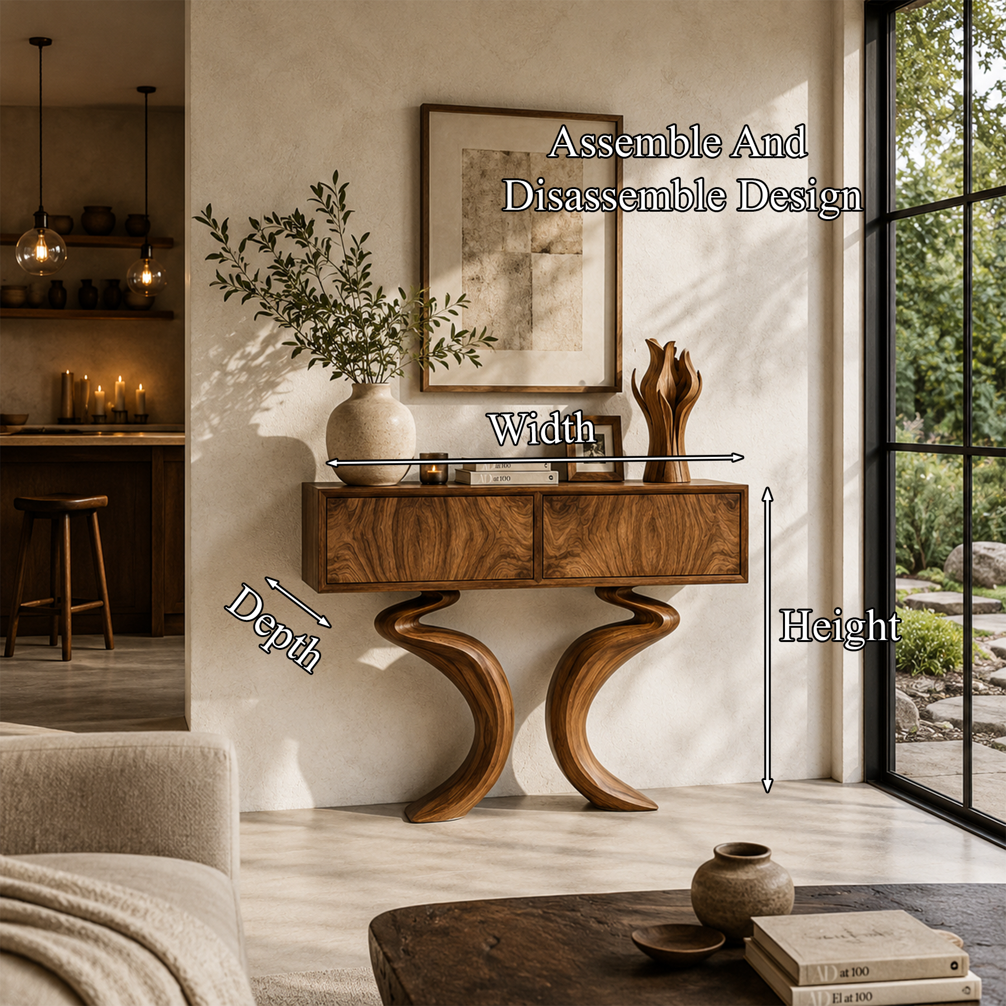 Organic Console Table With Hidden Storage Cabinet For Living Room And Entryway