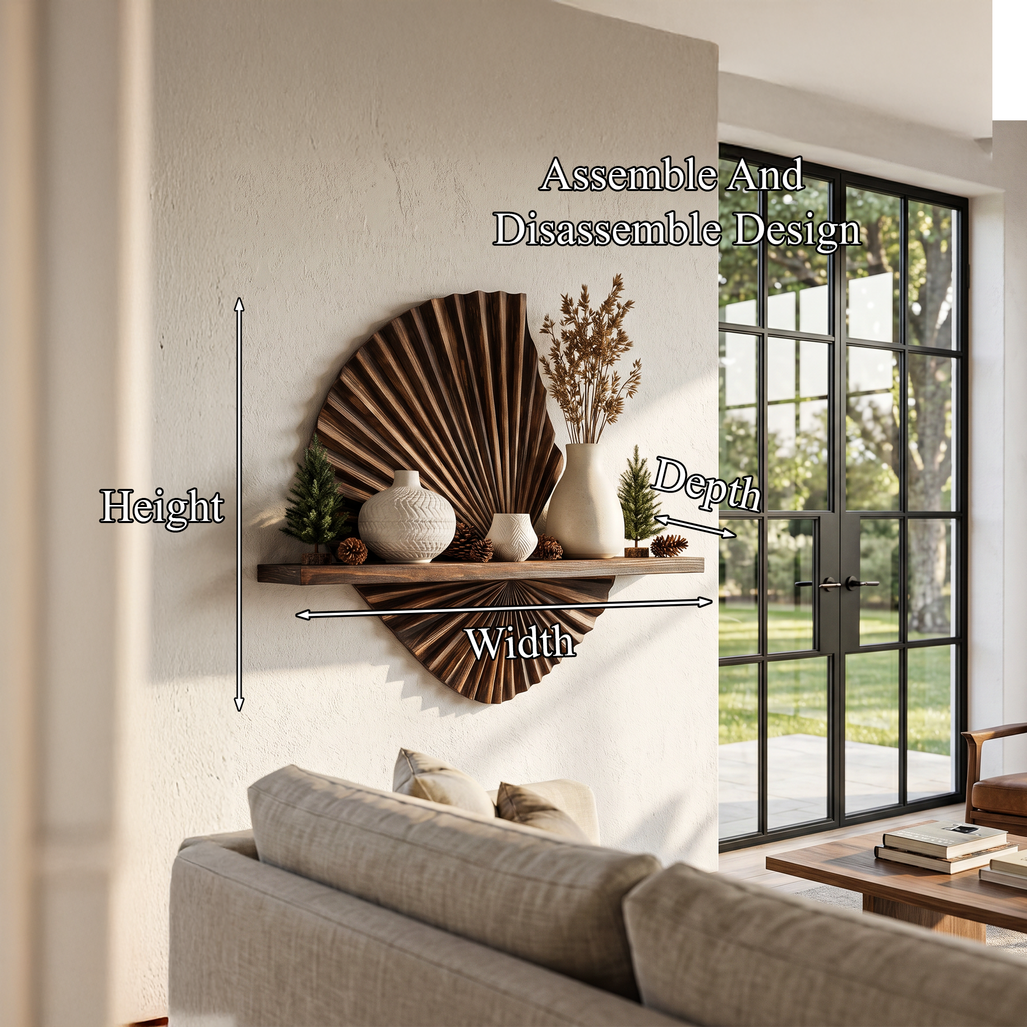 Modern Floating Shelf With Sunburst Wood Wall Sculpture For Living Room