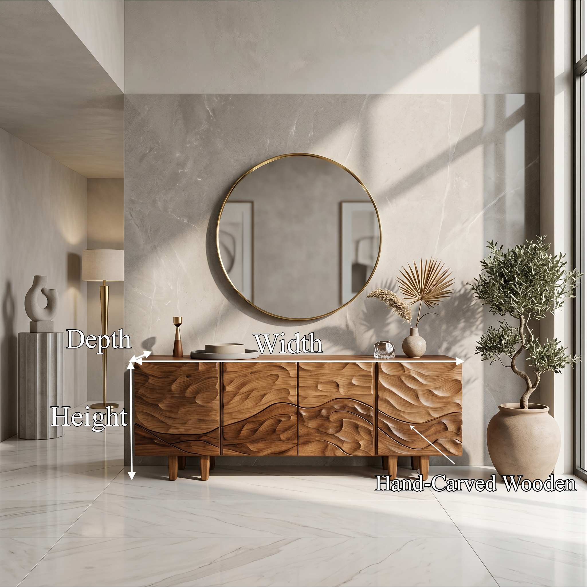 Sculptural Sideboard With Flowing Wood Grain Doors For Living Room