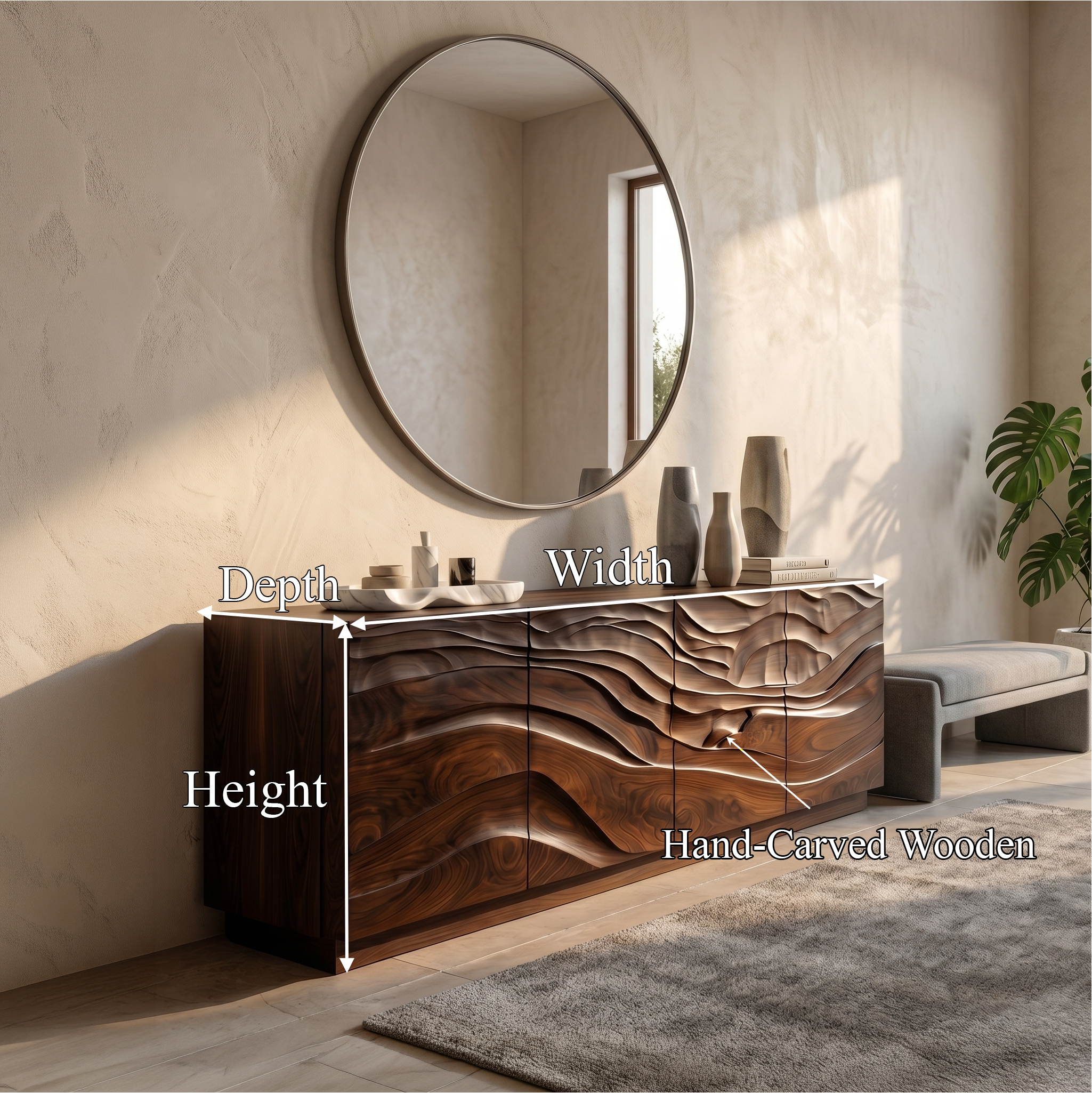 Organic Sideboard With Sculptural Wave Carved Wood Front For Living Room
