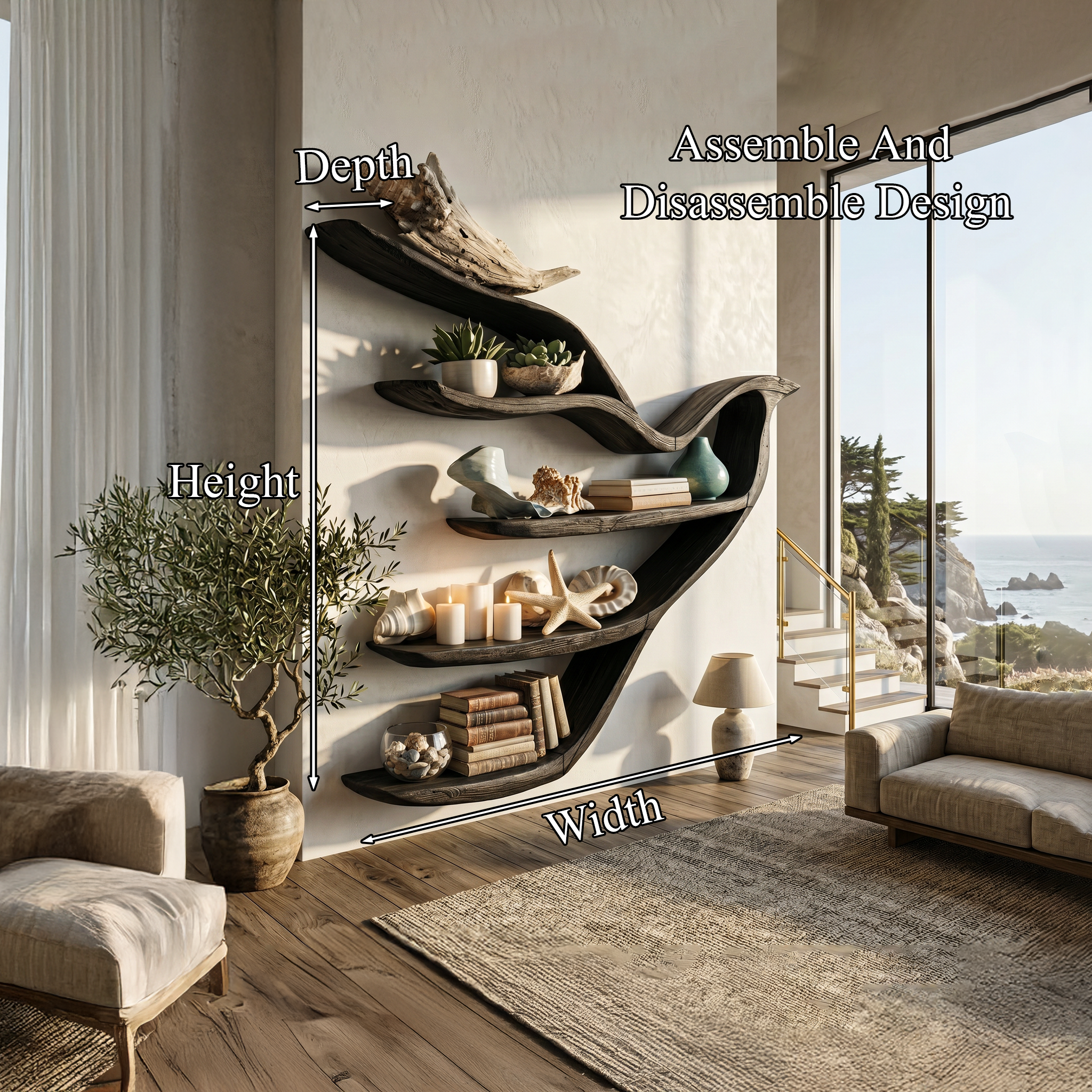Sculptural Bookcase With Organic Open Shelving For Living Room Decor