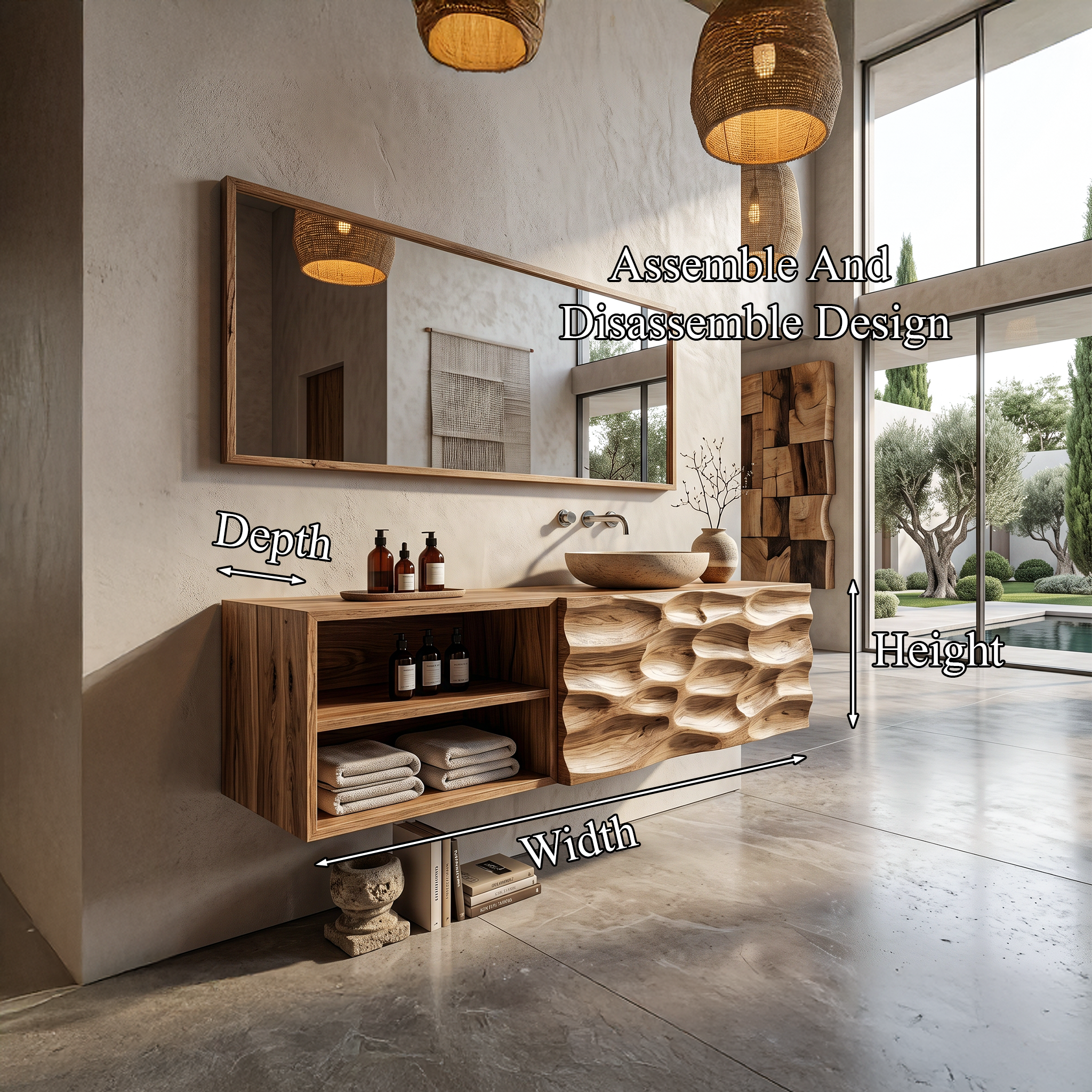 Handcrafted Organic Bathroom Vanity With Floating Storage Cabinet For Bathroom