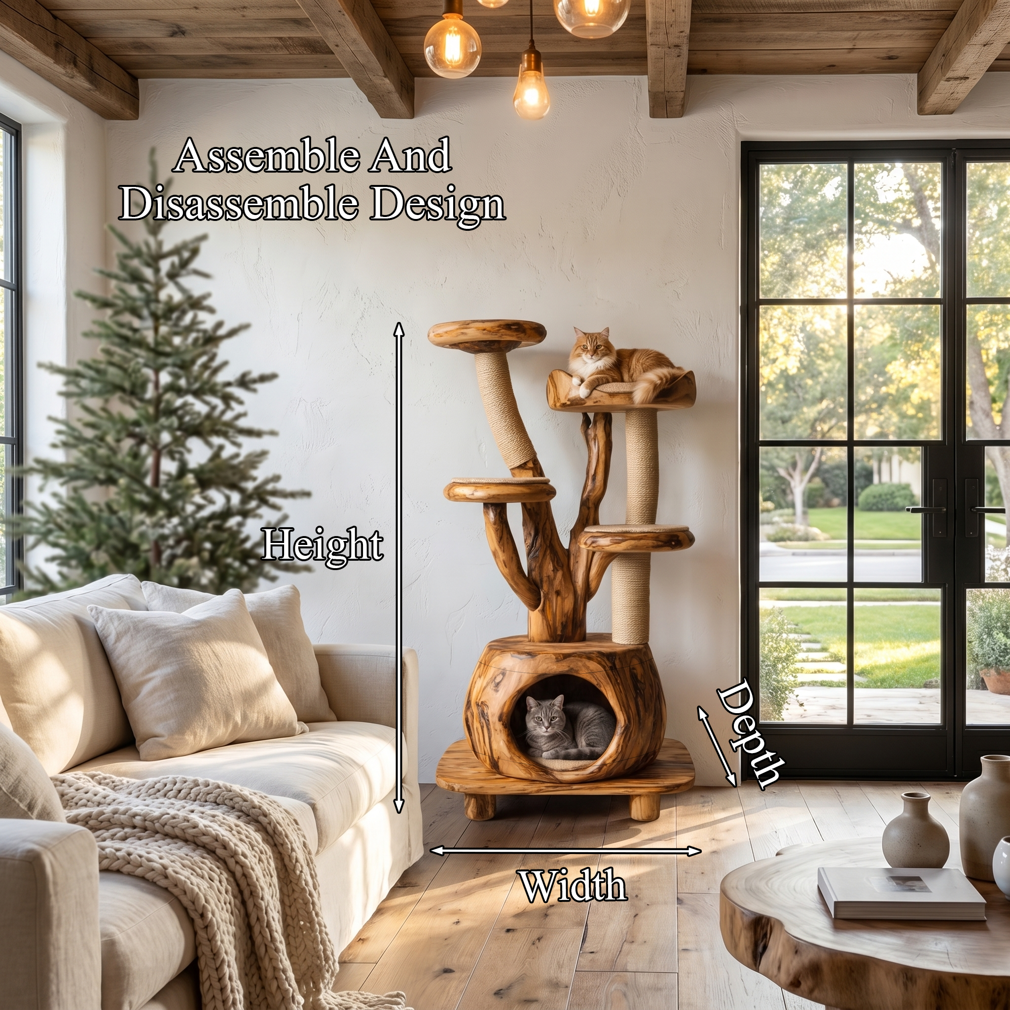 Rustic Tree Cat Tower With Cozy Pet Bed For Living Room