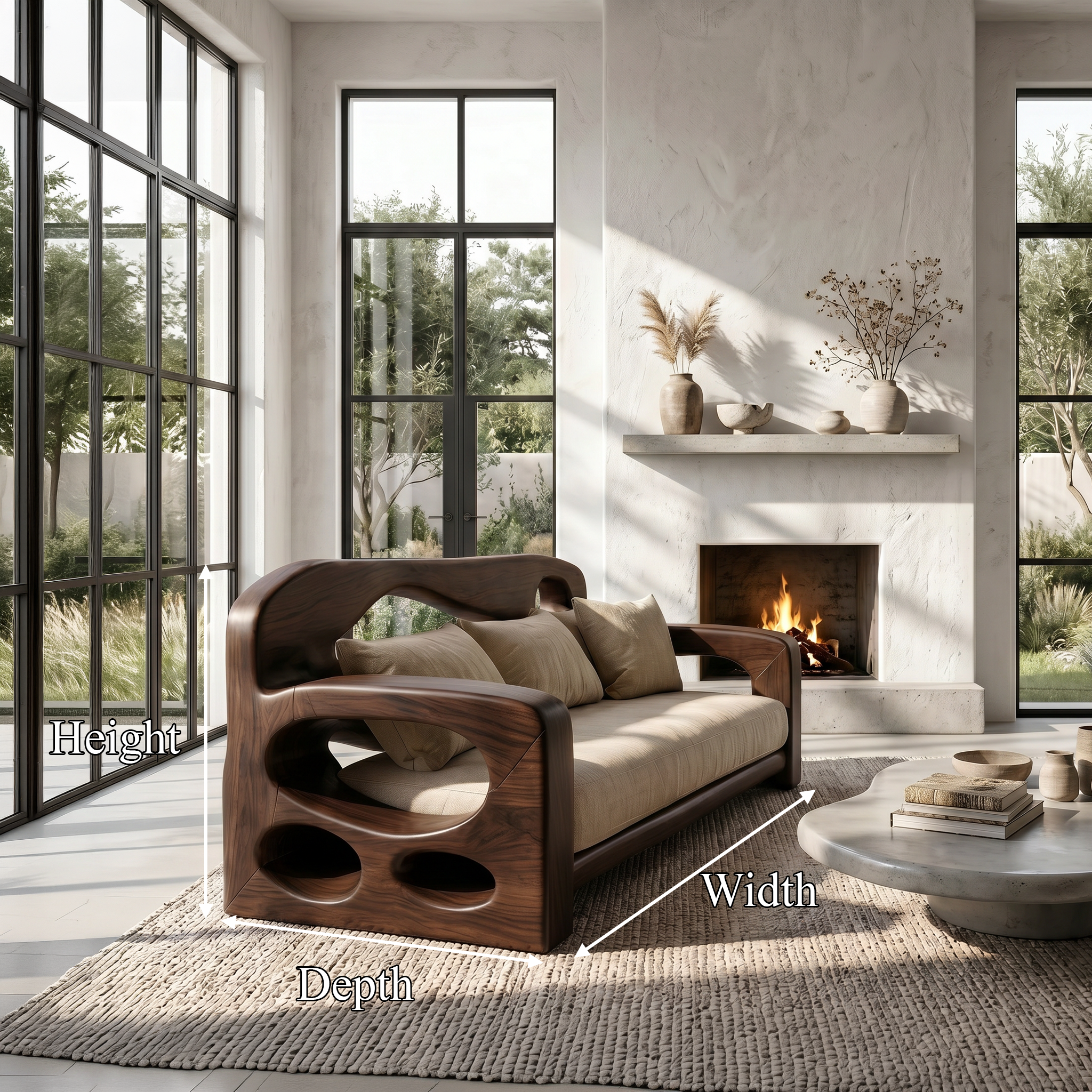 Modern Sofa Frame With Sculptural Solid Wood Armrests For Living Room
