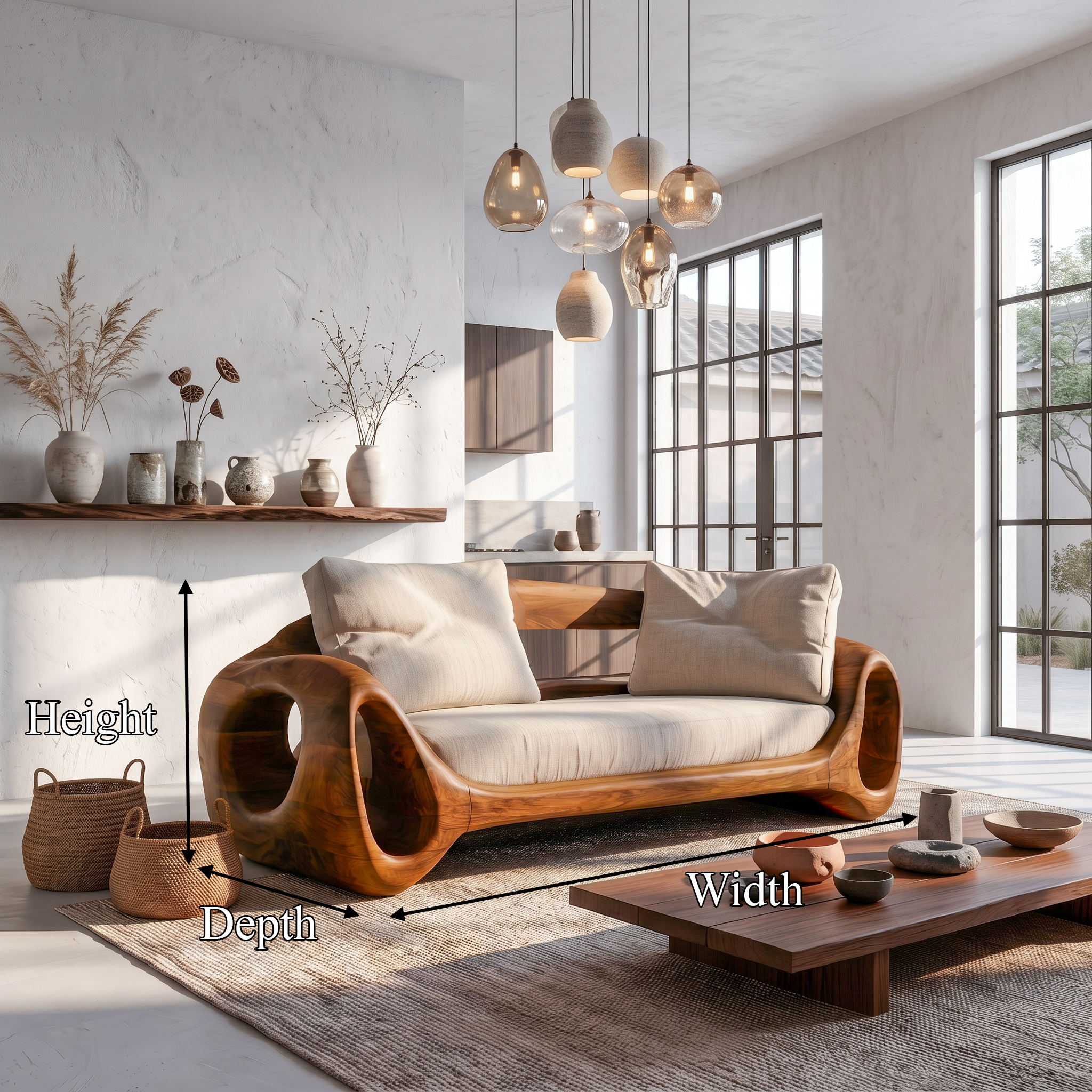 Organic Sofa Frame With Sculptural Circular Armrests For Living Room
