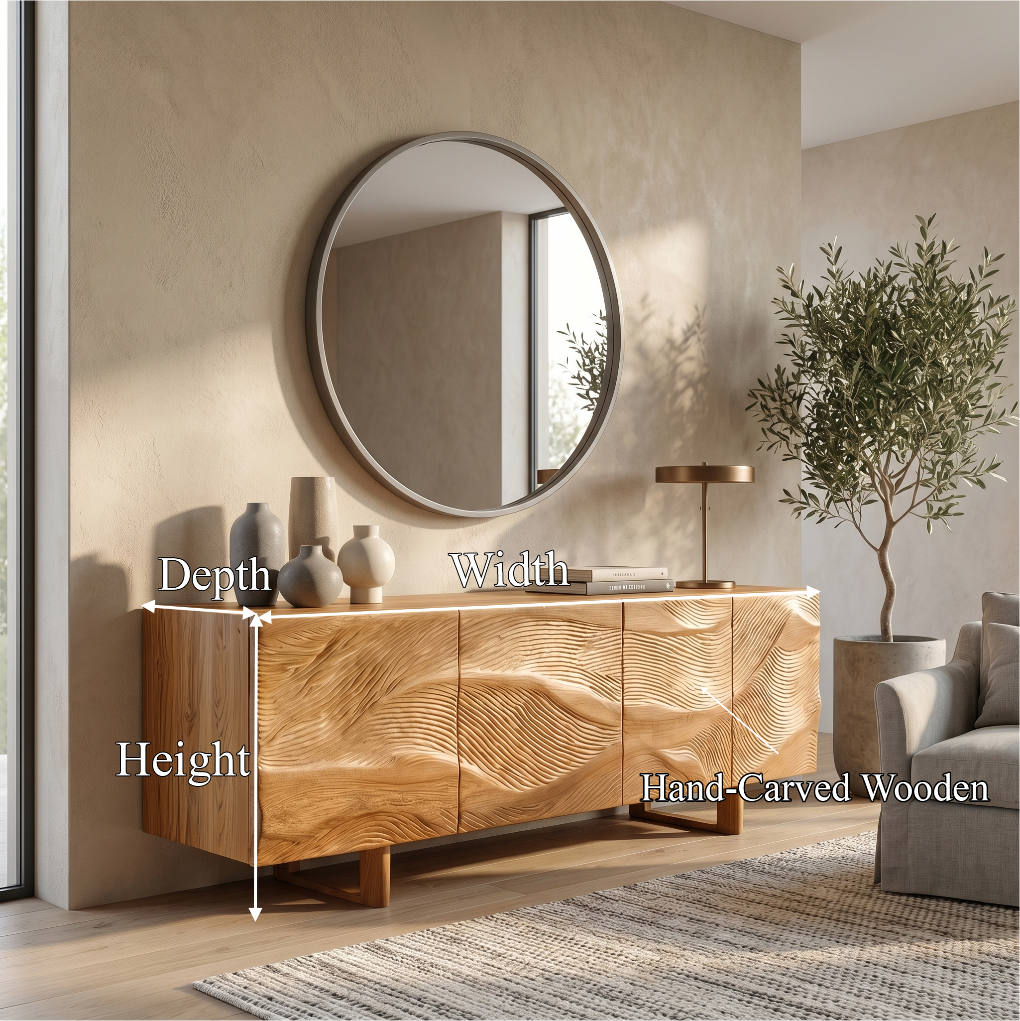 Modern Storage Cabinet With Sunburst Carved Wood Doors For Living Room