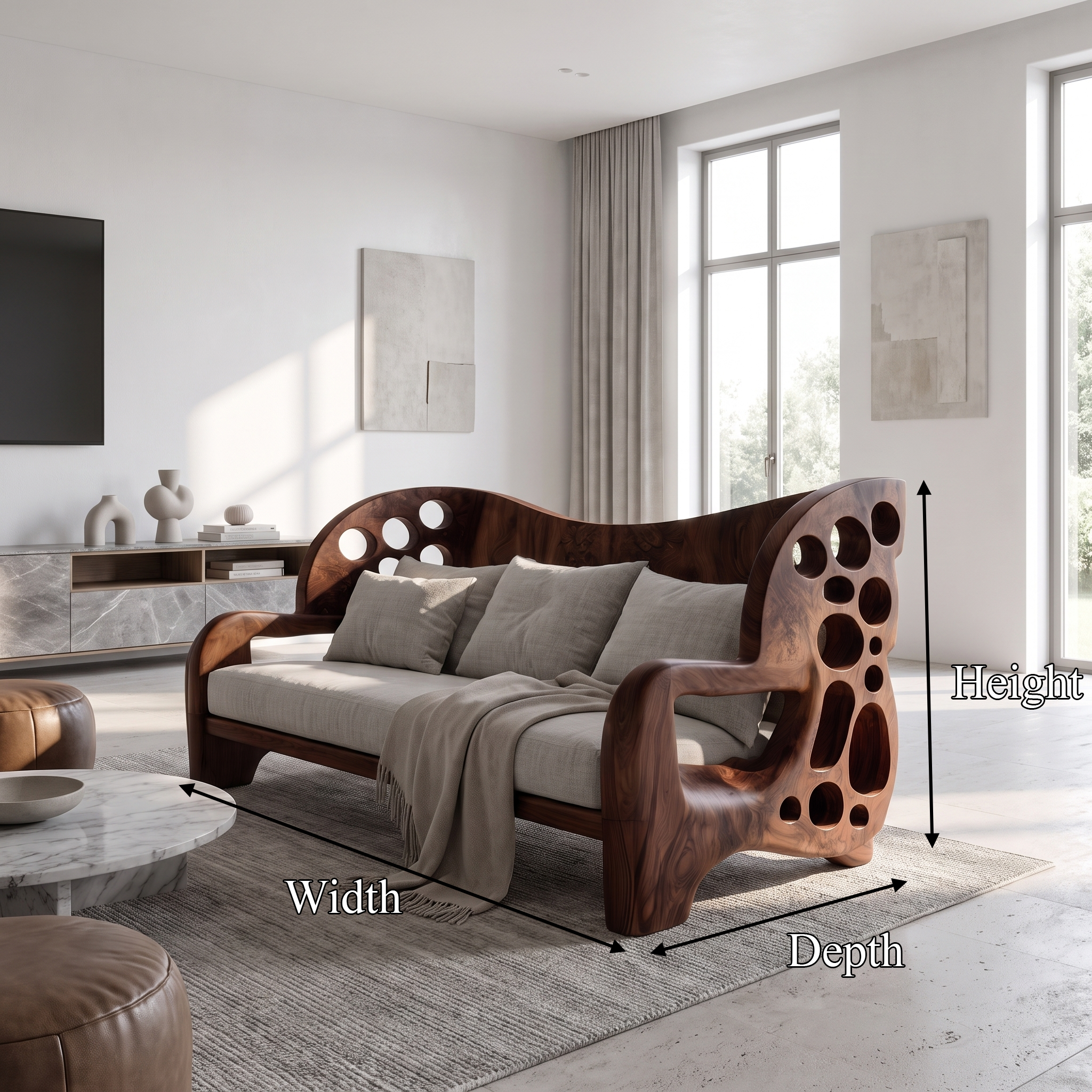Organic Sofa Frame With Sculptural Openwork Armrests For Living Room
