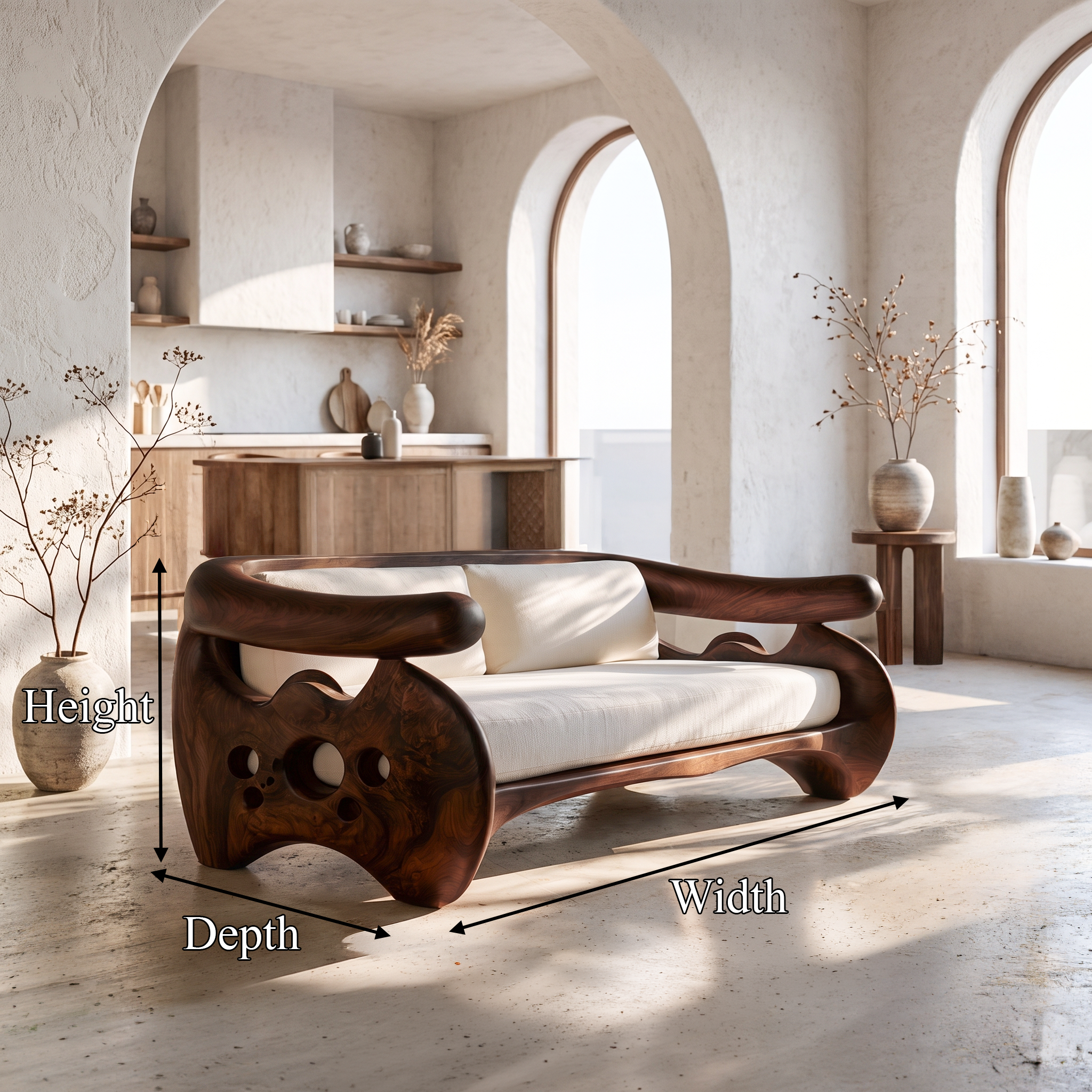 Organic Curved Sofa With Sculptural Wooden Base For Living Room