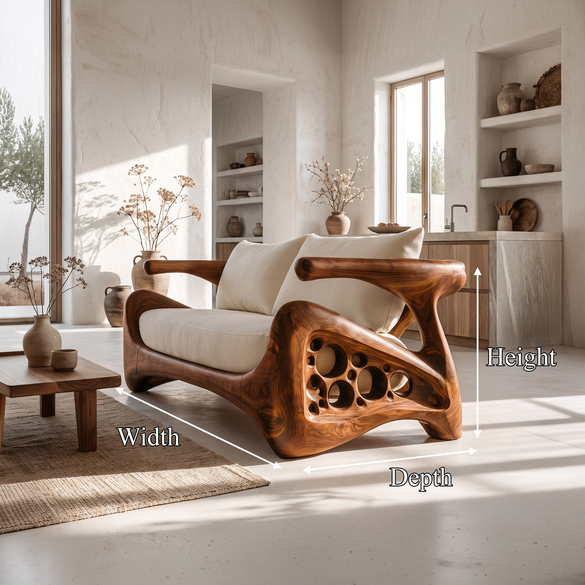 Natural Sofa Frame With Bold Sculptural Armrests For Living Room