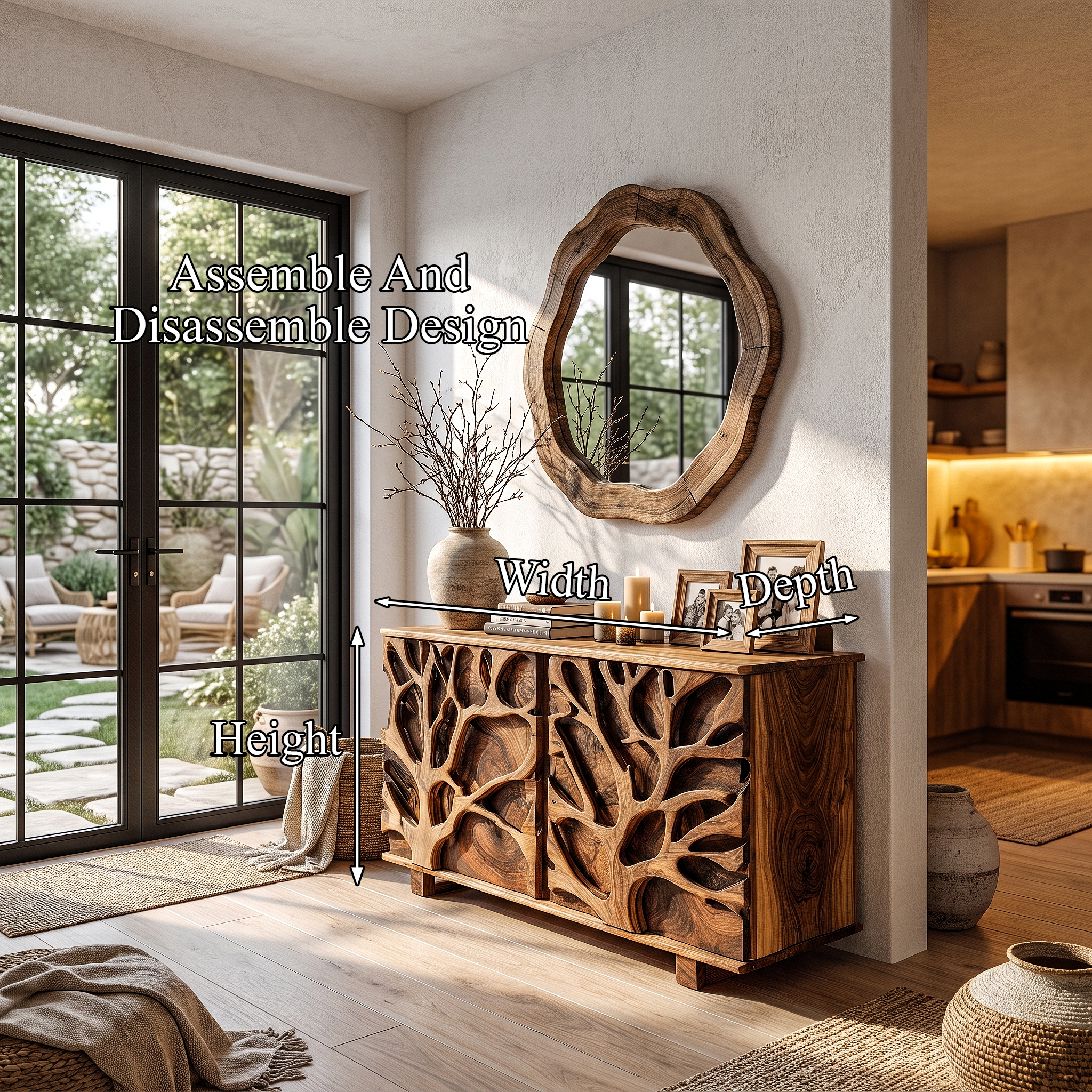 Nature Inspired Storage Cabinet With Hand Carved Wood Design For Entryway