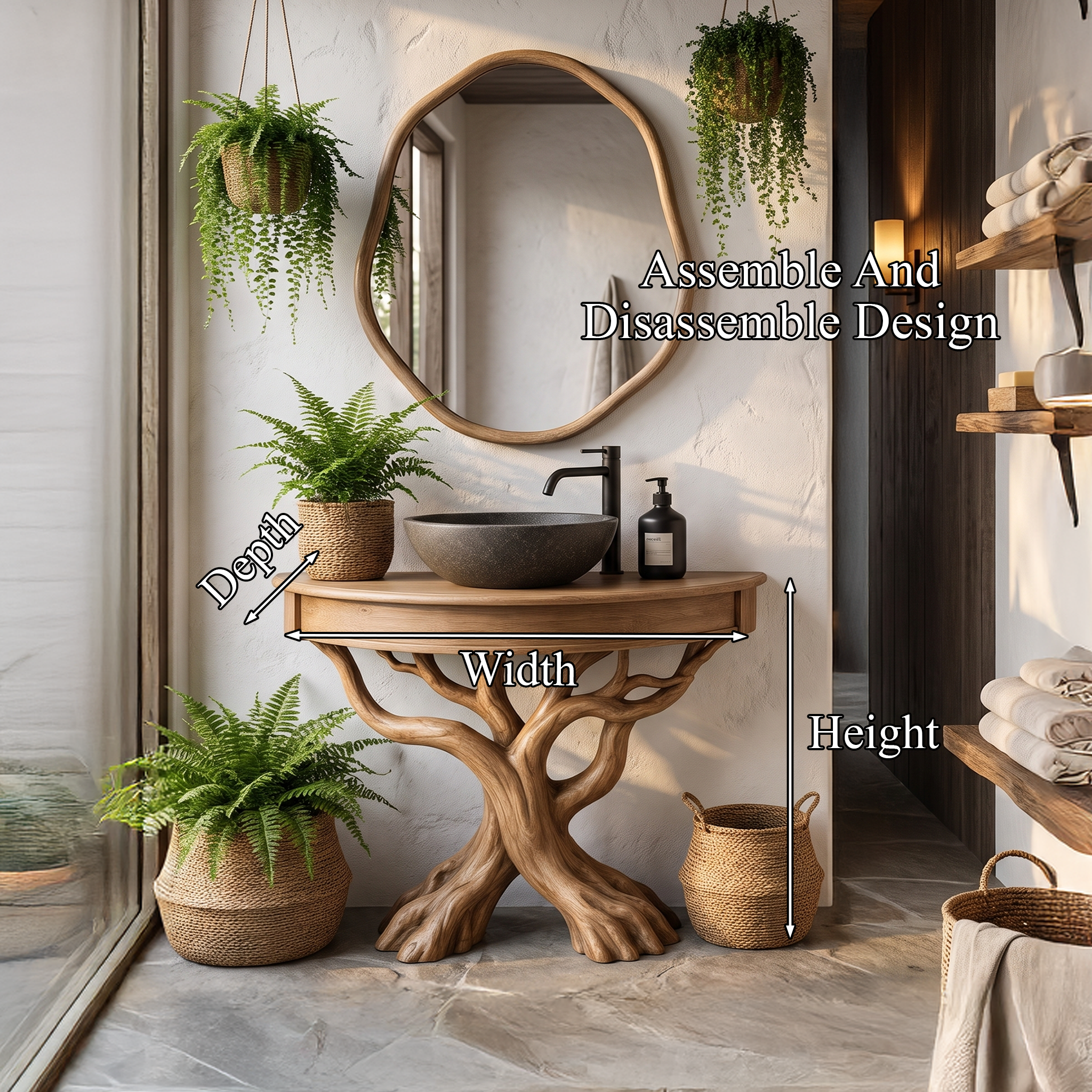 Tree Bathroom Vanity With Floating Countertop And Display Shelves For Bathroom