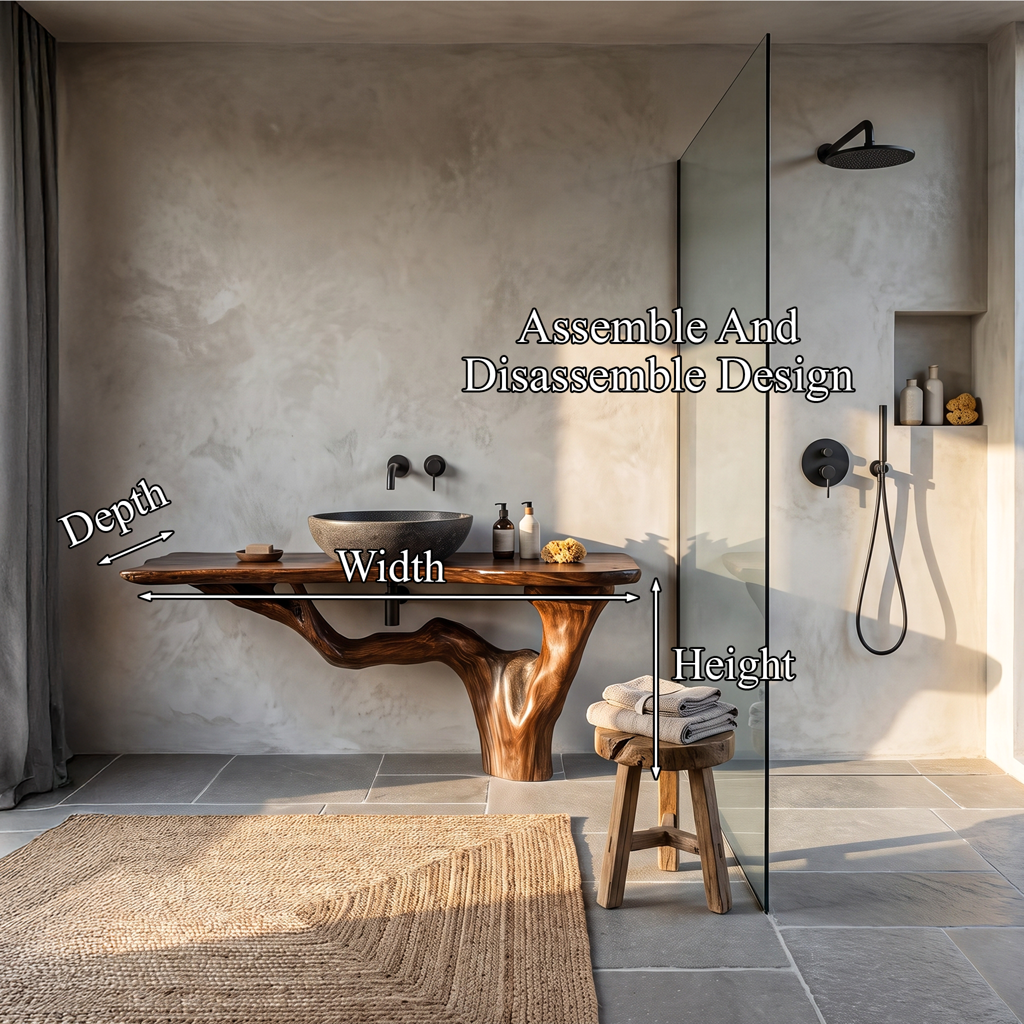 Handcrafted Bathroom Vanity With Tree Trunk Design For Powder Room