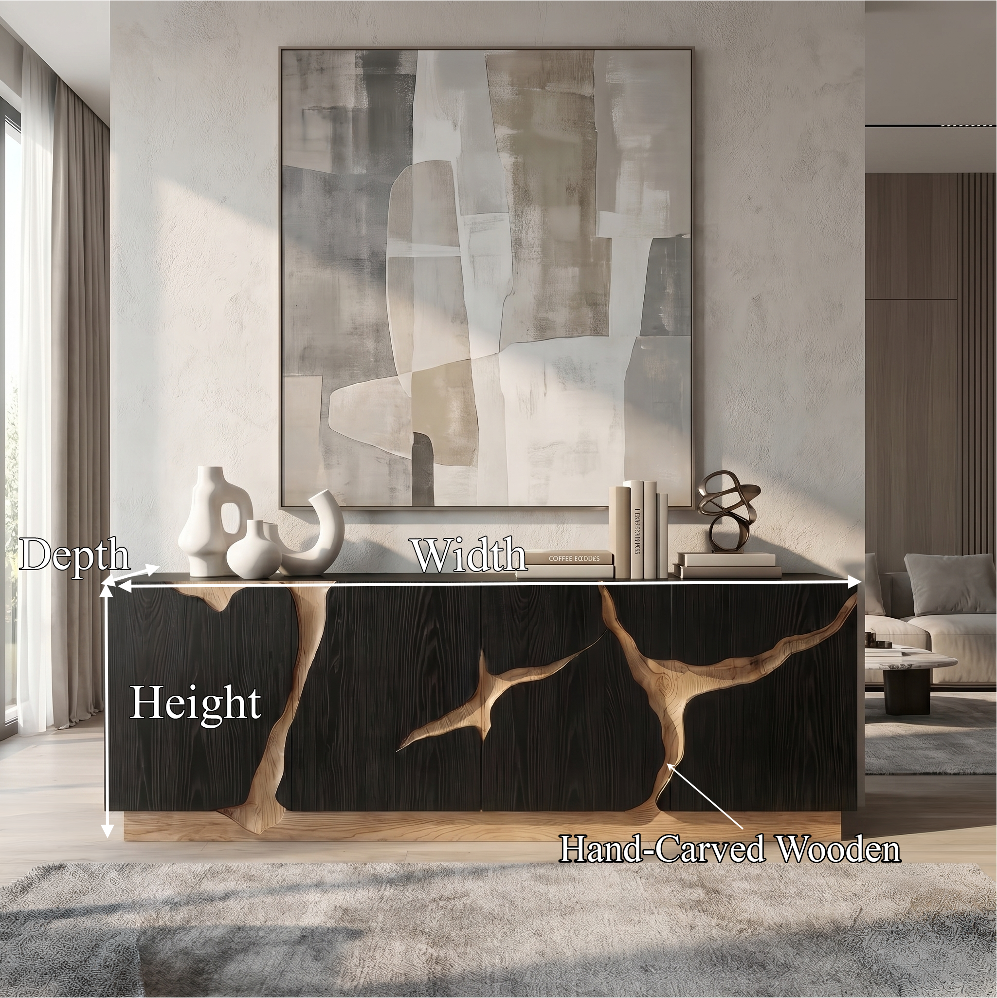 Organic Sideboard With Charred Wood Doors And Natural Live Edge Inlay For Living Room