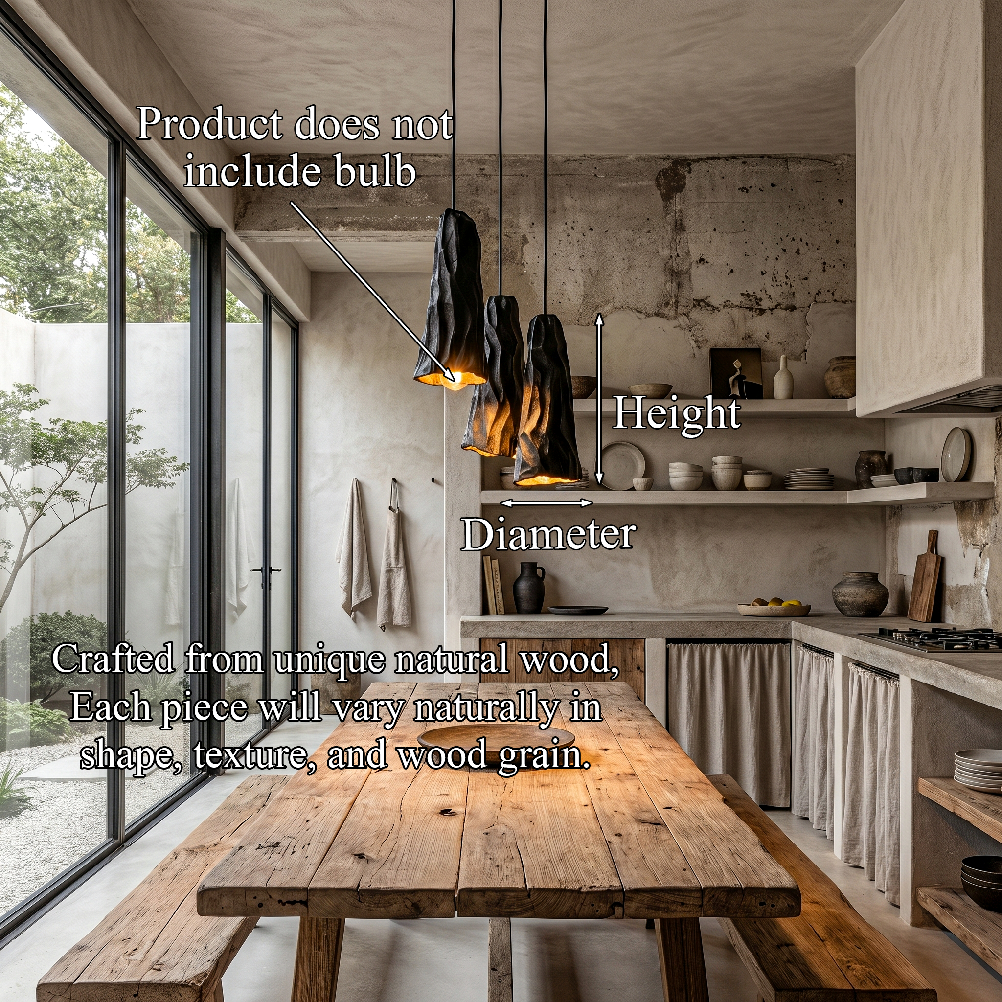 Rustic Wood Pendant Light With Sculptural Charred Log Design For Dining Room And Kitchen