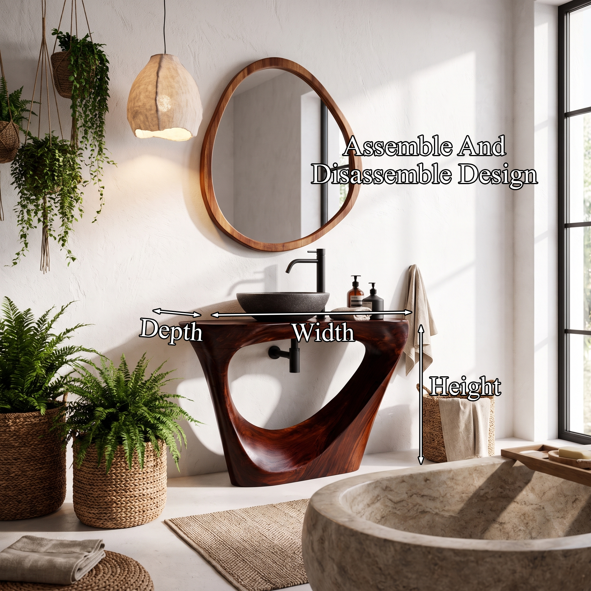 Live Edge Floating Bathroom Vanity With Sculptural Tree Support For Bathroom