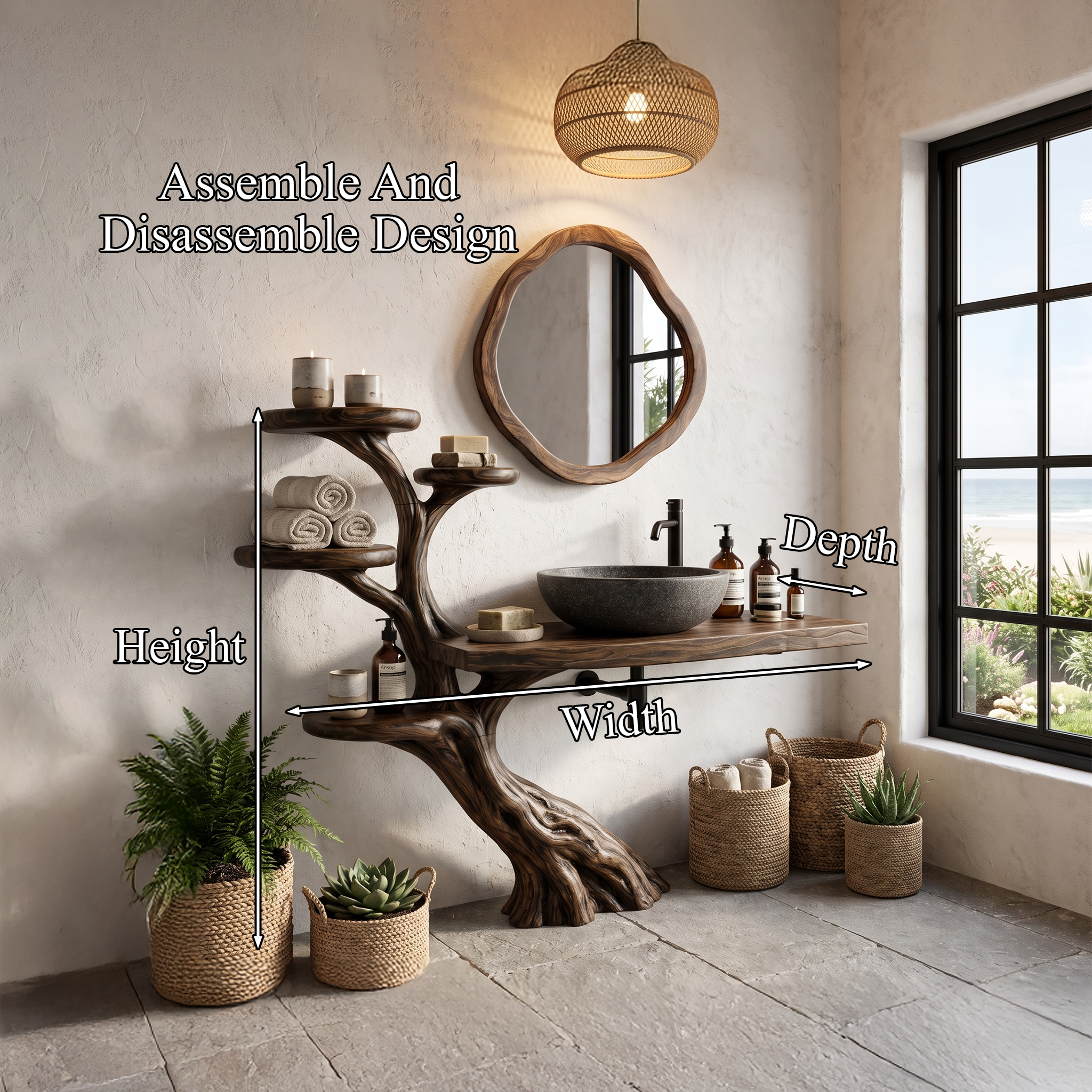 Rustic Bathroom Vanity With Sculptural Wood Structure For Bathroom
