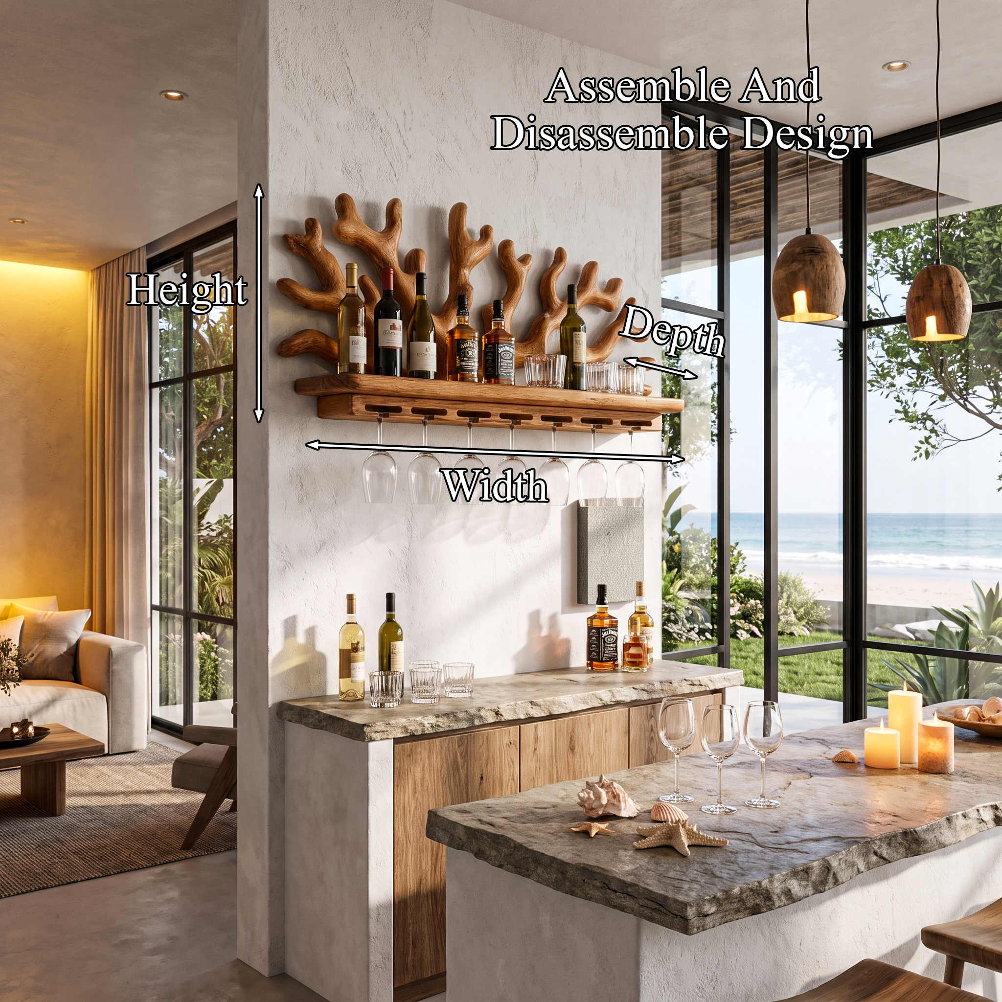 Organic Floating Wine Holder With Live Edge Display For Dining Room
