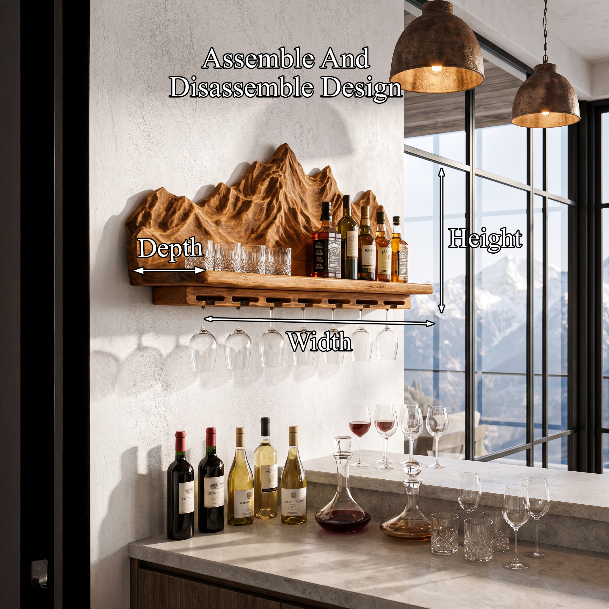Nature Inspired Wall Wine Holder With Mountain Shelf For Home Bar