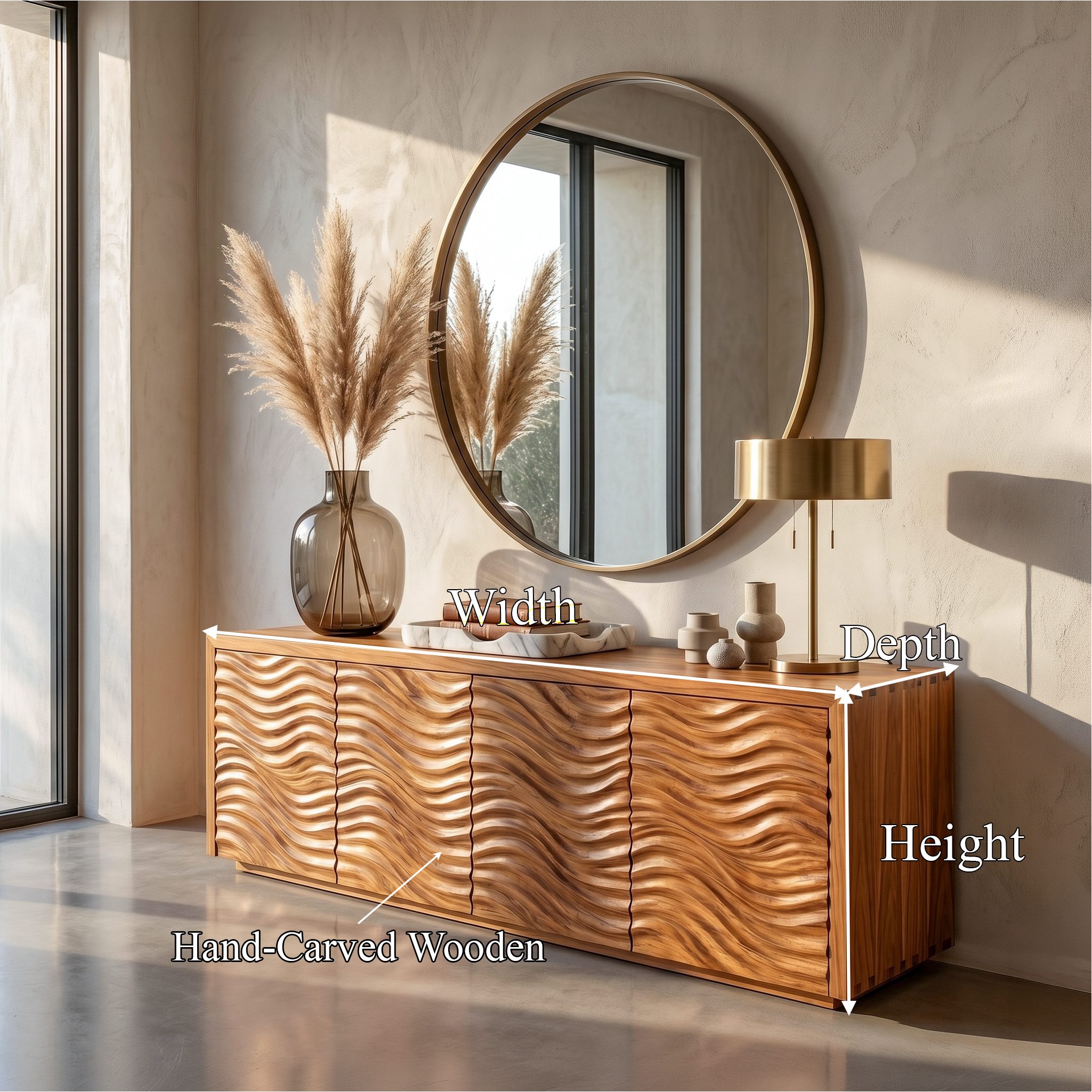 Rustic Sideboard With Hand Carved Wave Wood Doors And Solid Wood Storage For Living Room