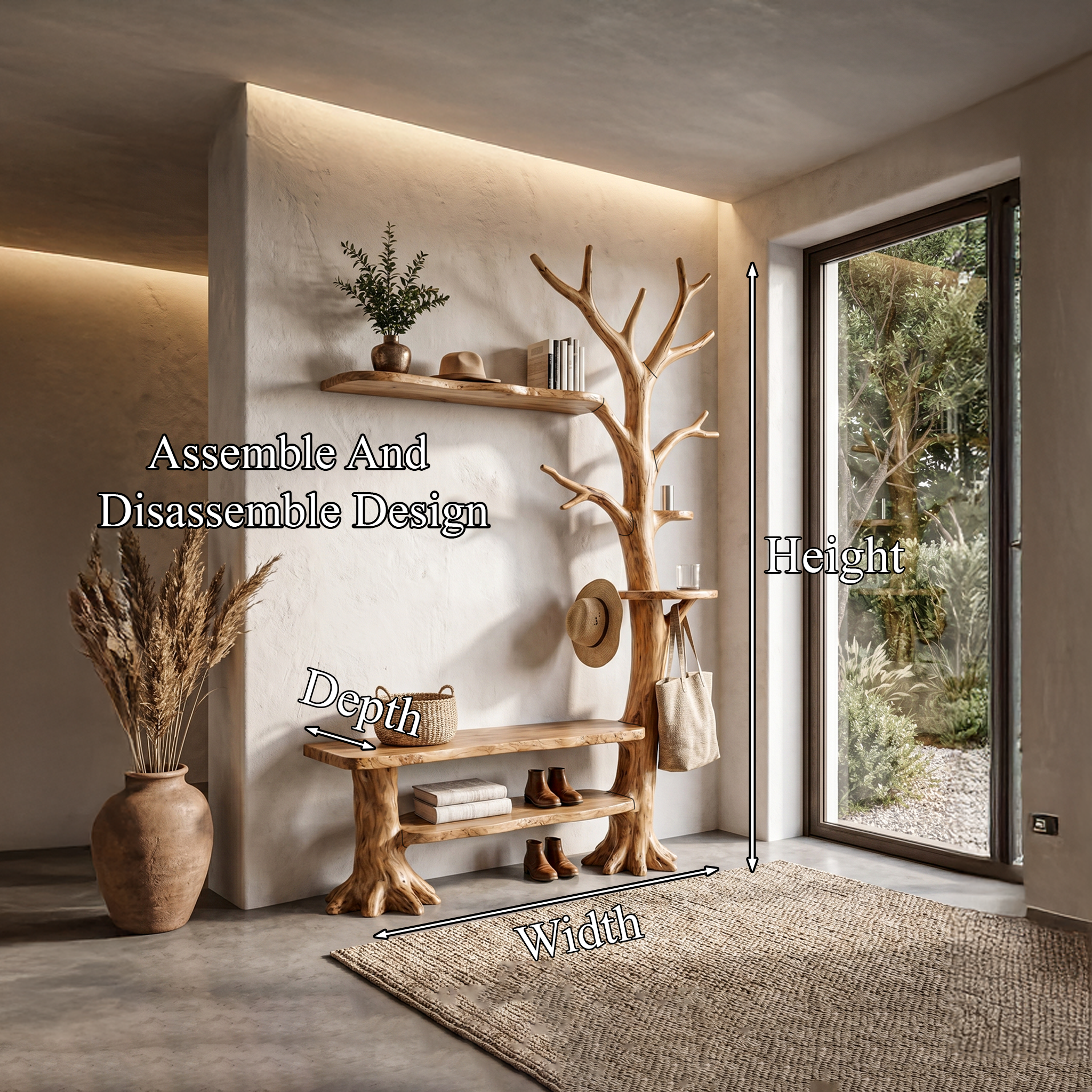 Rustic Tree Coat Rack With Integrated Bench And Floating Display Shelves For Entryway.