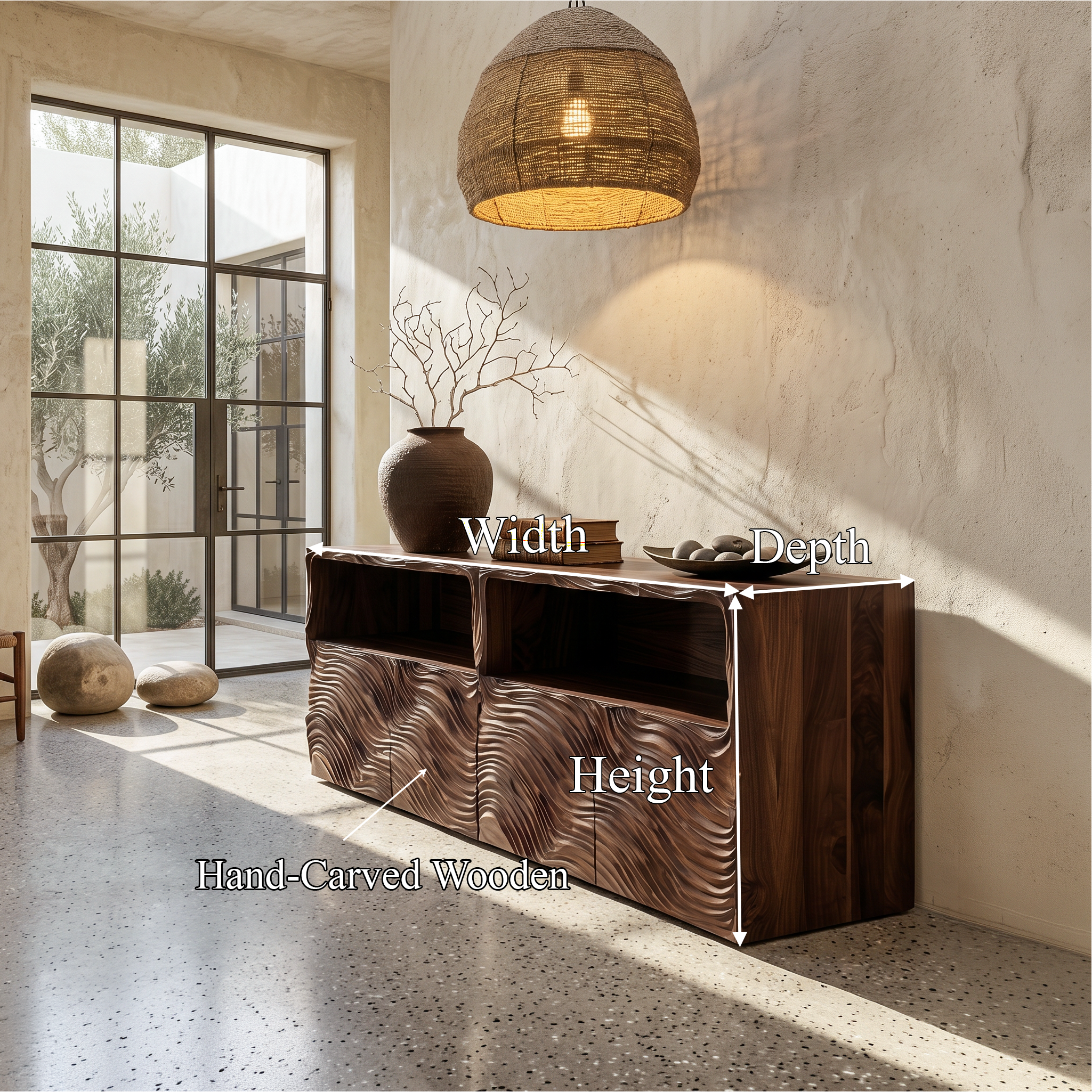 Modern Sideboard With Hand Carved Wave Wood Doors And Open Display Shelves For Living Room