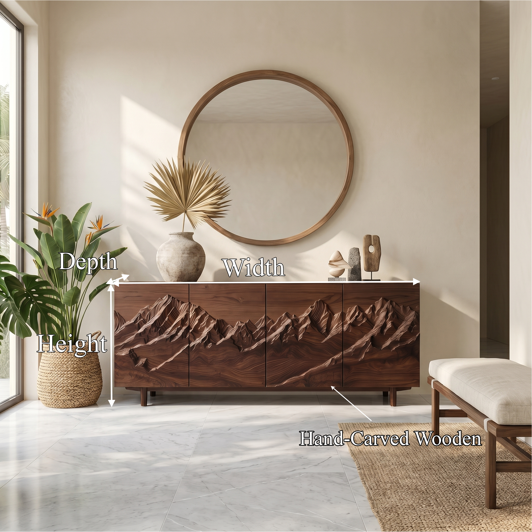 Rustic Mountain Landscape Sideboard With Carved Wood Doors For Living Room And Entryway