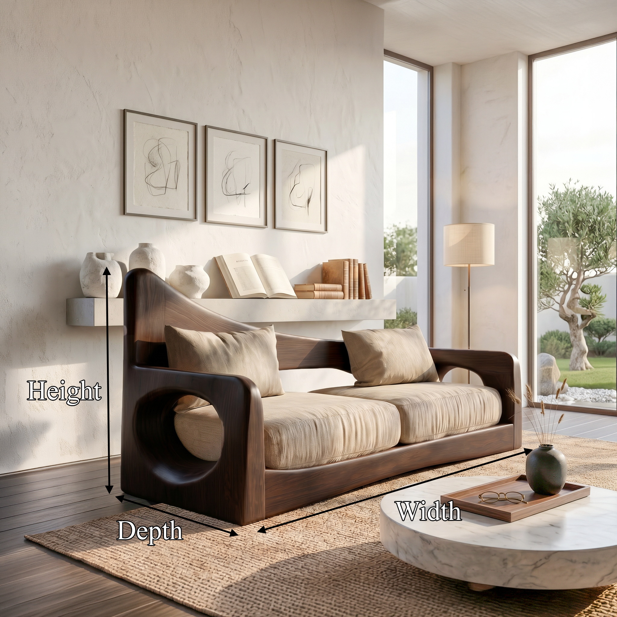 Modern Organic Sofa With Sculptural Perforated Wood Frame