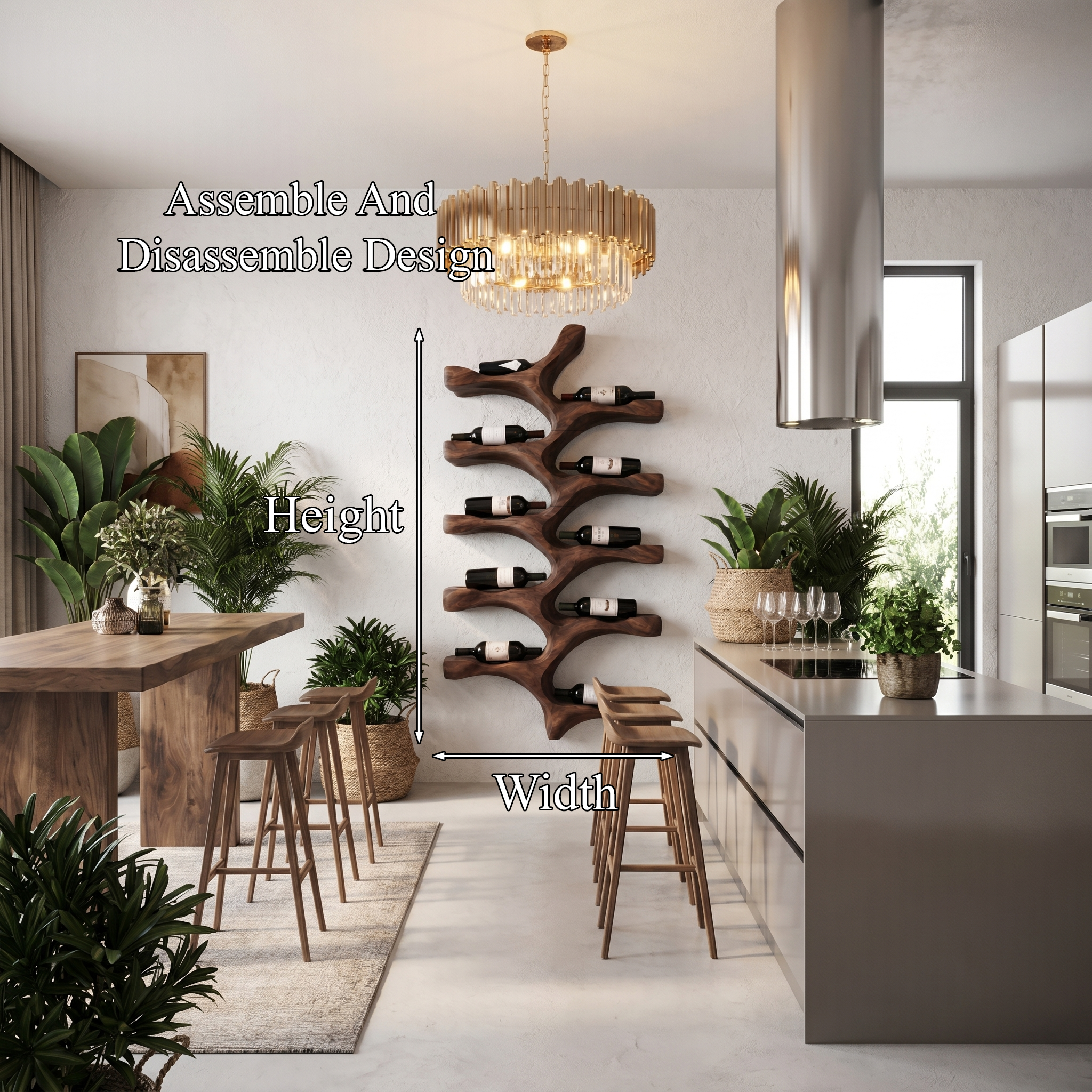 Organic Wall Mounted Wine Rack With Tree Branch Bottle Holders For Kitchen