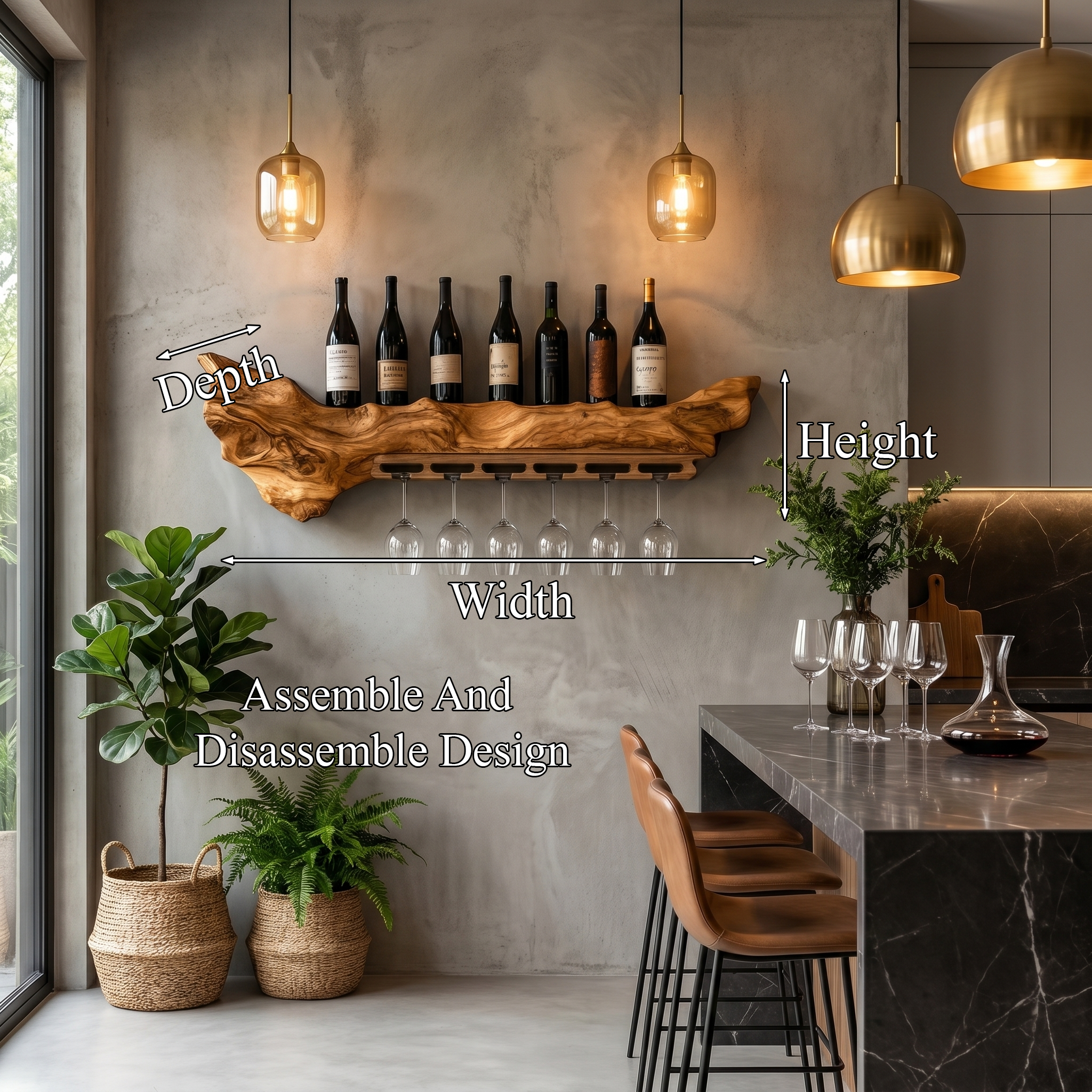Rustic Live Edge Wall Mounted Wine Rack With Glass Holder And Bottle Storage For Kitchen And Dining Room