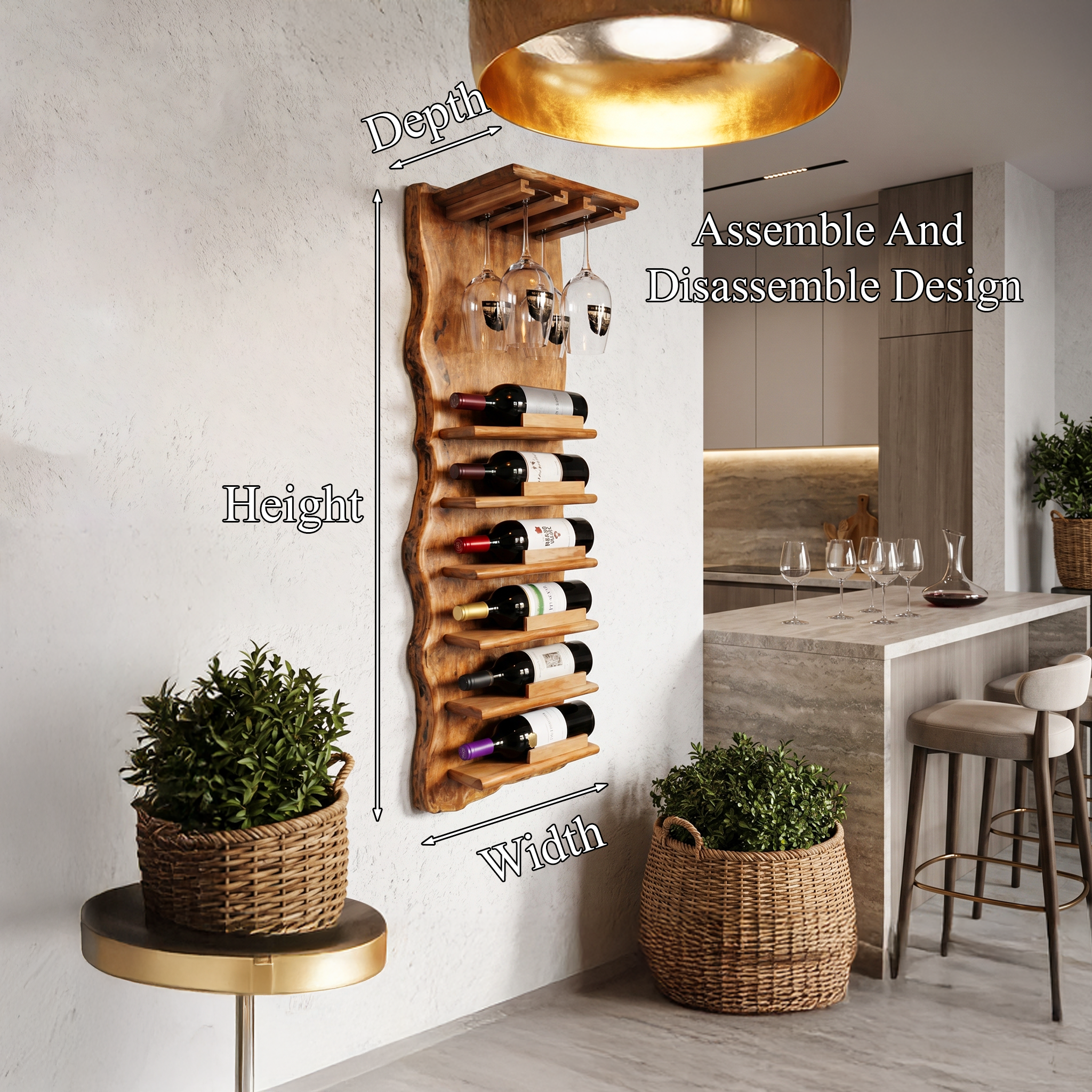 Live Edge Wall Mounted Wine Rack With Glass Holder And Vertical Bottle Storage For Kitchen And Dining Room