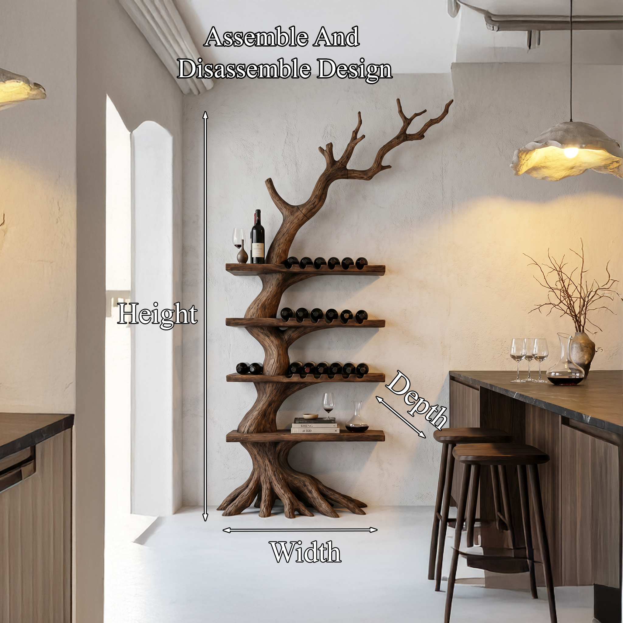 Rustic Tree Wine Rack With Solid Wood Shelves And Branch Inspired Wall Mounted Design For Dining Room