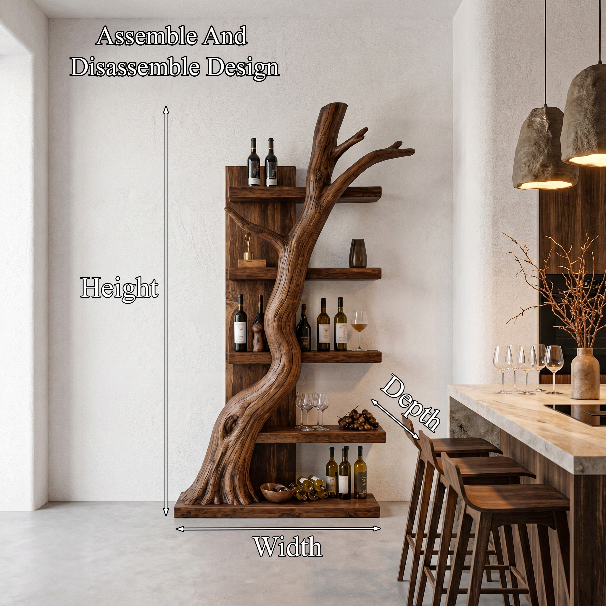 Rustic Tree Wine Rack With Solid Wood Shelves And Sculptural Root Base For Home Bar