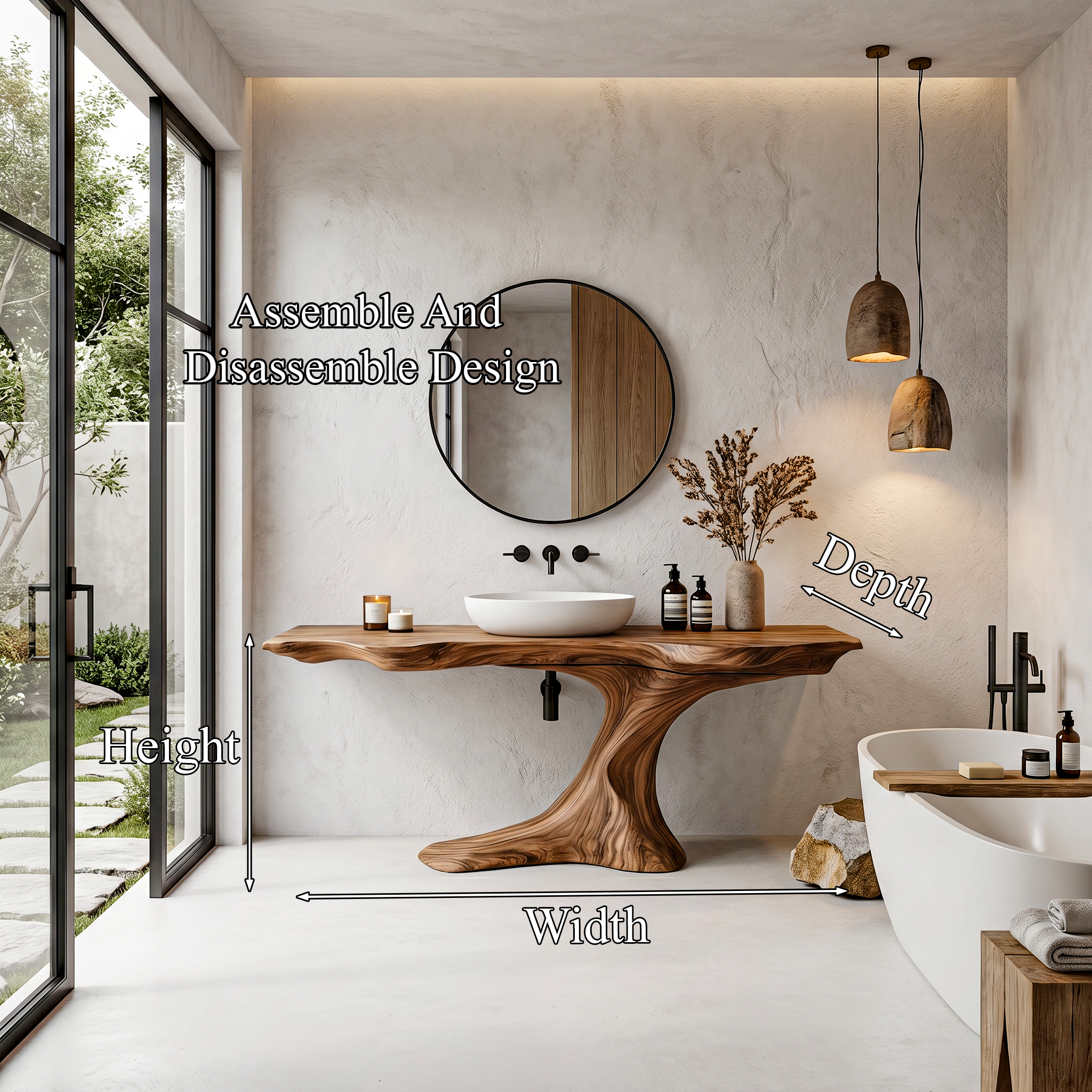 Rustic Organic Bathroom Vanity With Live Edge Countertop And Sculptural Tree Root Base