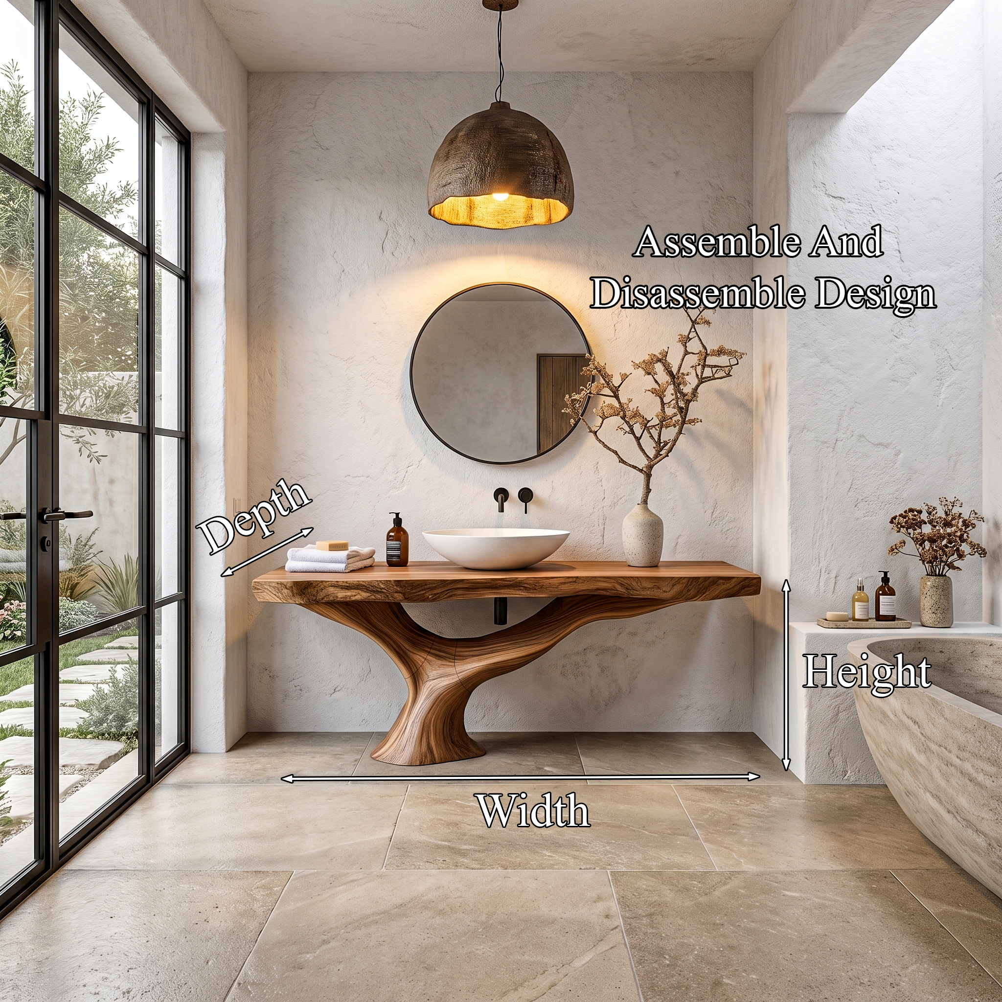Contemporary Bathroom Vanity With Organic Wood Countertop And Artistic Base For Bathroom
