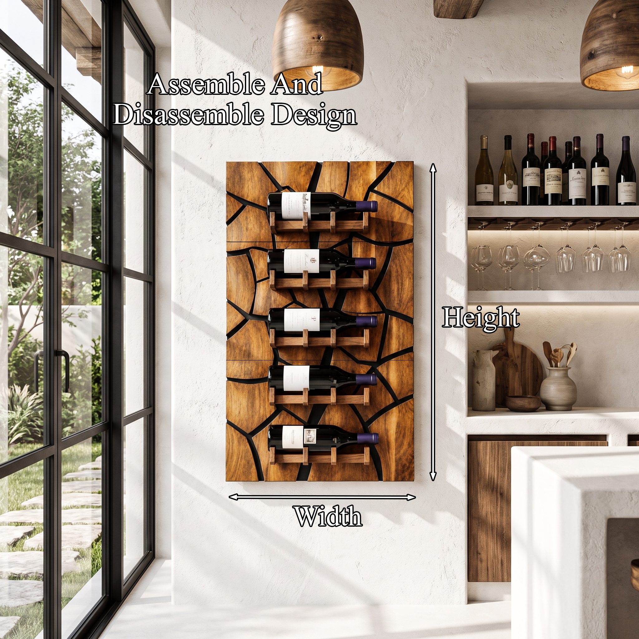Rustic Wall Mounted Wine Holder With Geometric Bottle Display For Dining Room