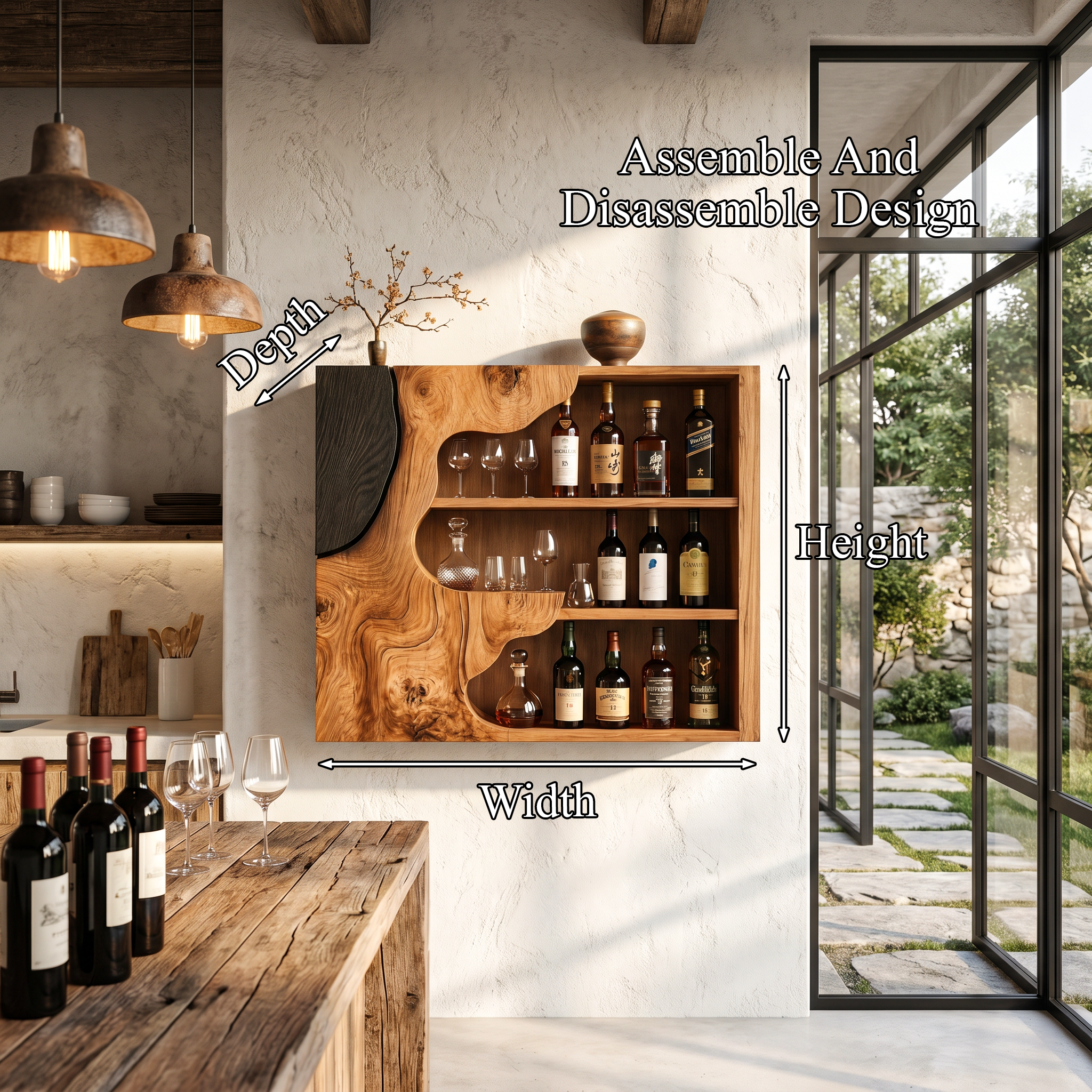 Organic Live Edge Wine Holder Wall Mounted Storage Cabinet For Home Bar